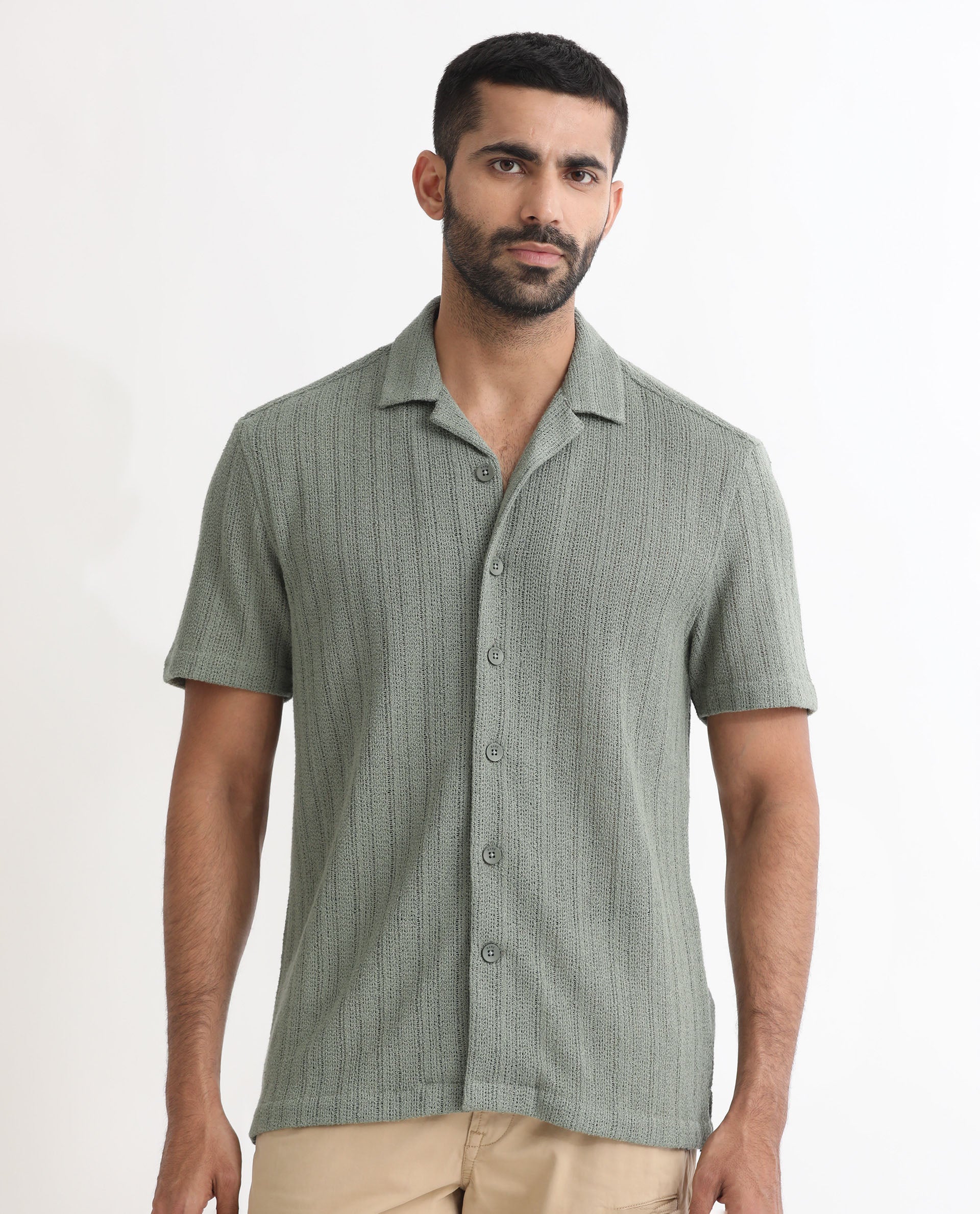 Rare Rabbit Men's Reach Pastel Green Cotton Textured Regular Fit Half Sleeve Cuban Collar Shirt - Image 3