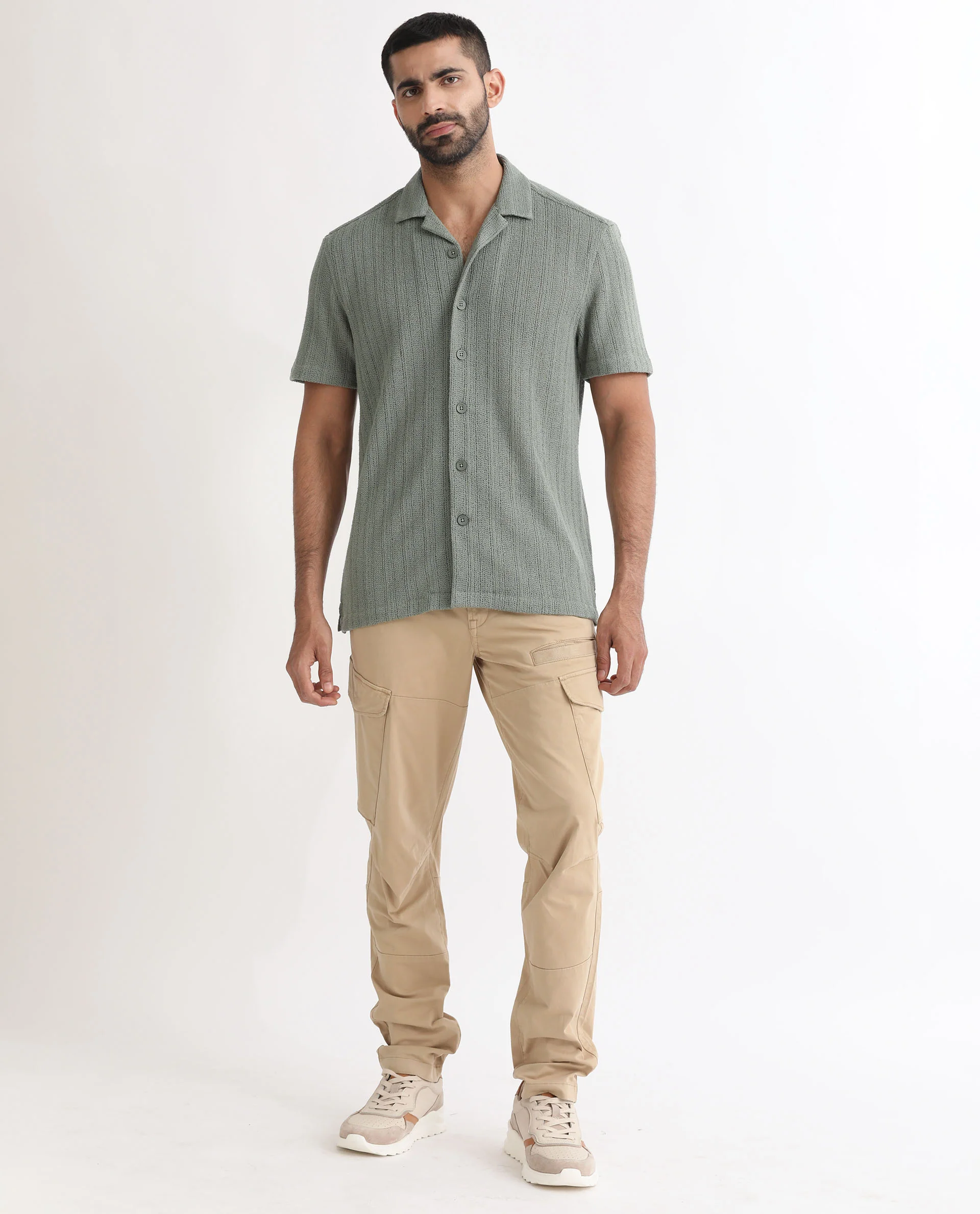 Rare Rabbit Men's Reach Pastel Green Cotton Textured Regular Fit Half Sleeve Cuban Collar Shirt - Image 4