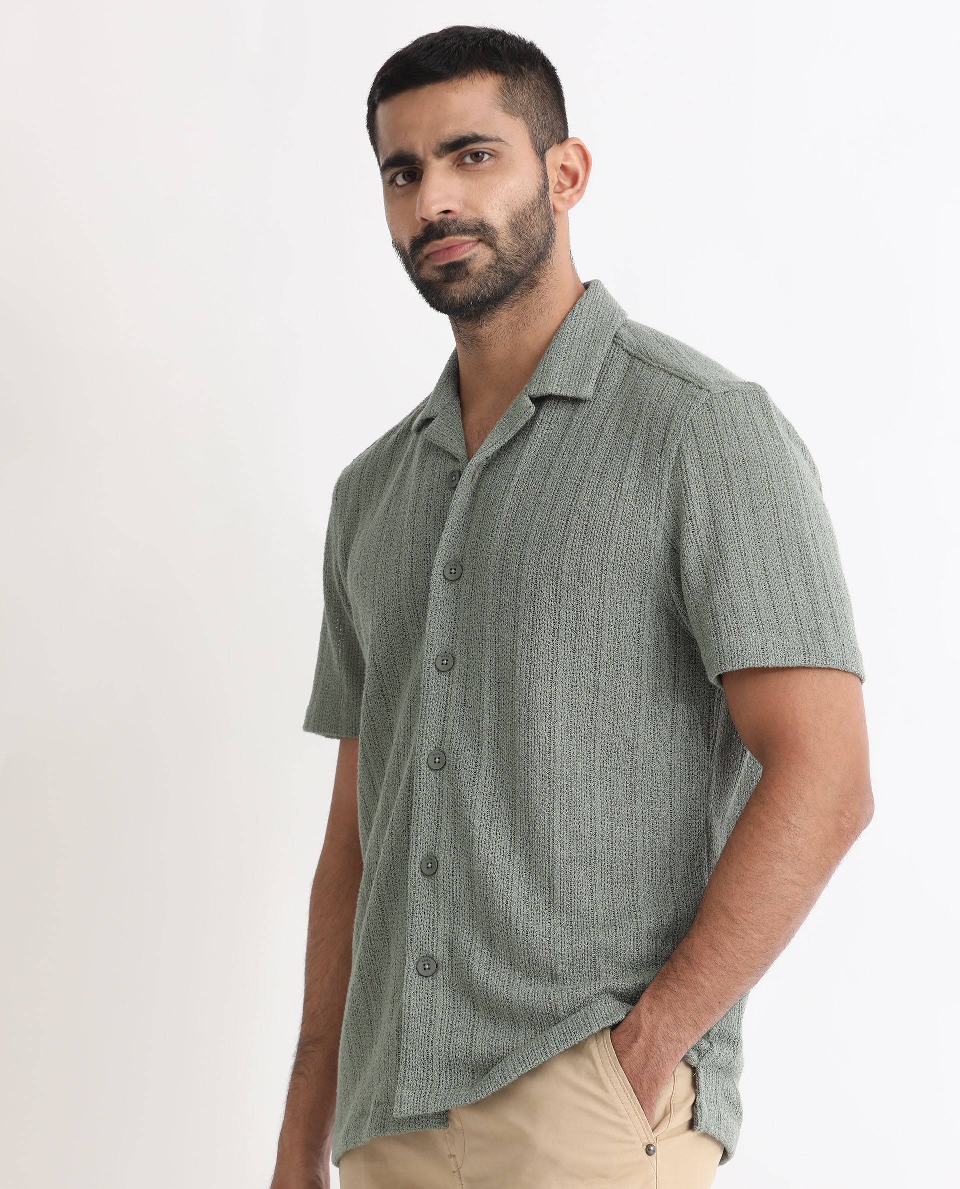 Rare Rabbit Men's Reach Pastel Green Cotton Textured Regular Fit Half Sleeve Cuban Collar Shirt - Image 5
