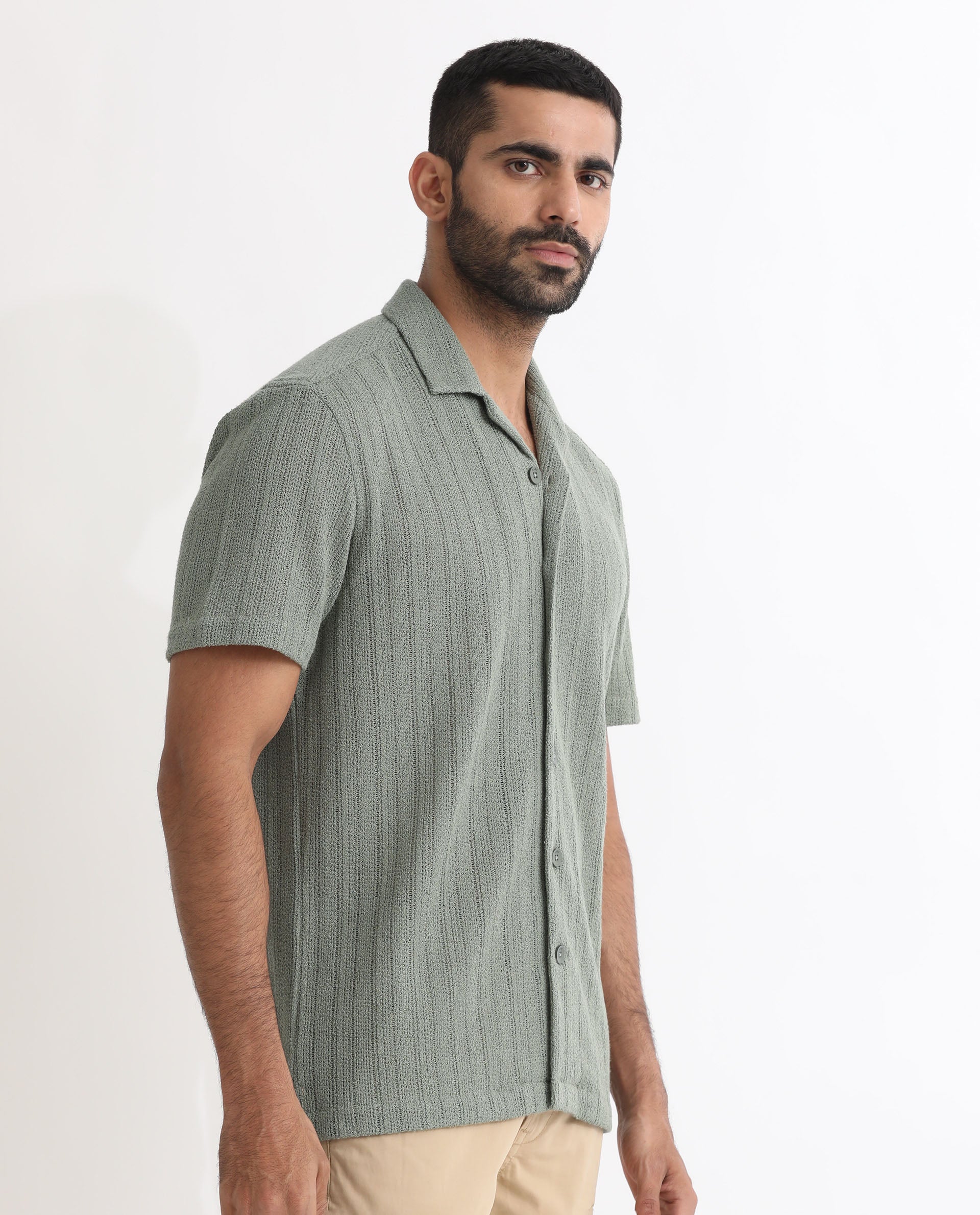 Rare Rabbit Men's Reach Pastel Green Cotton Textured Regular Fit Half Sleeve Cuban Collar Shirt - Image 6