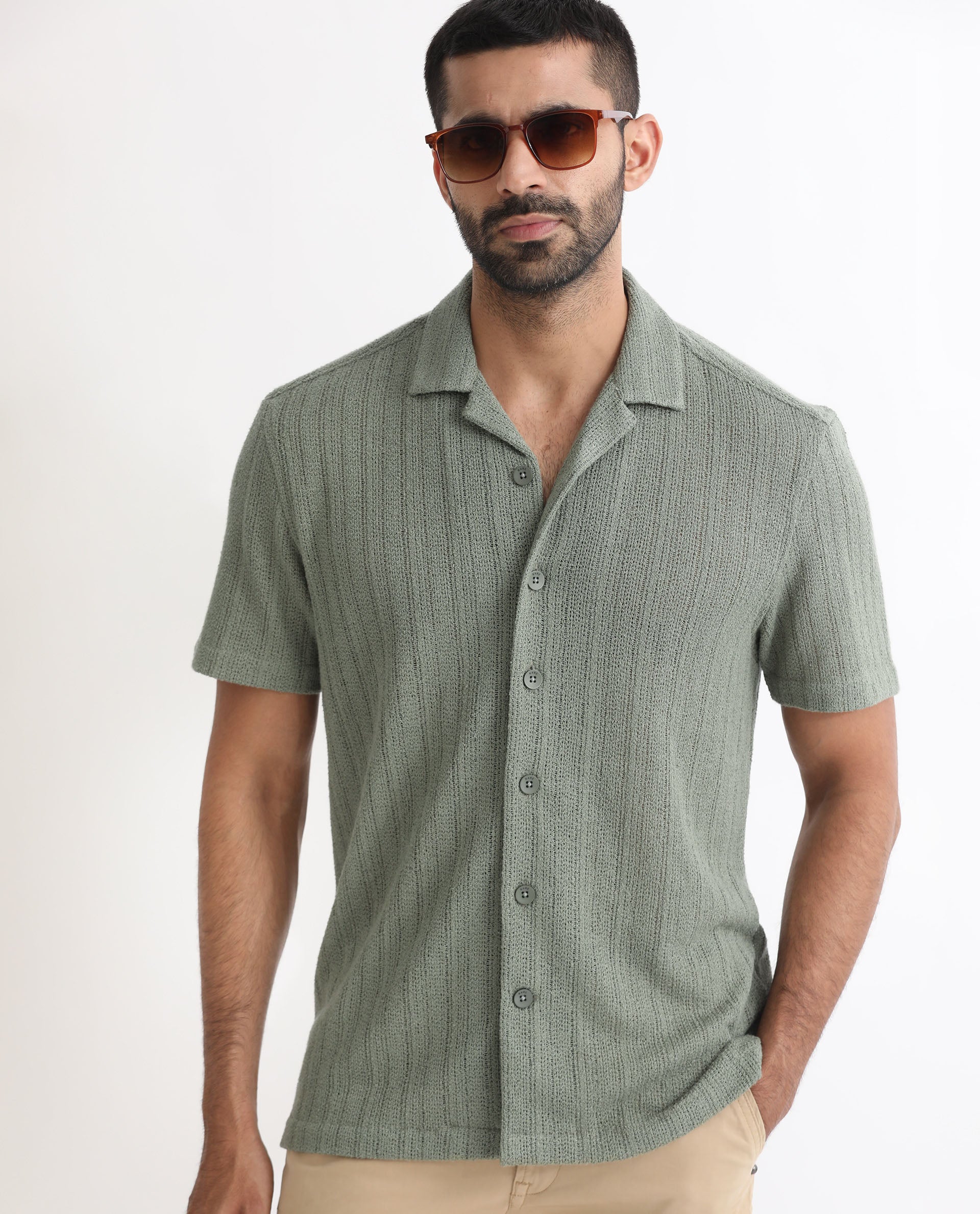 Rare Rabbit Men's Reach Pastel Green Cotton Textured Regular Fit Half Sleeve Cuban Collar Shirt - Image 7