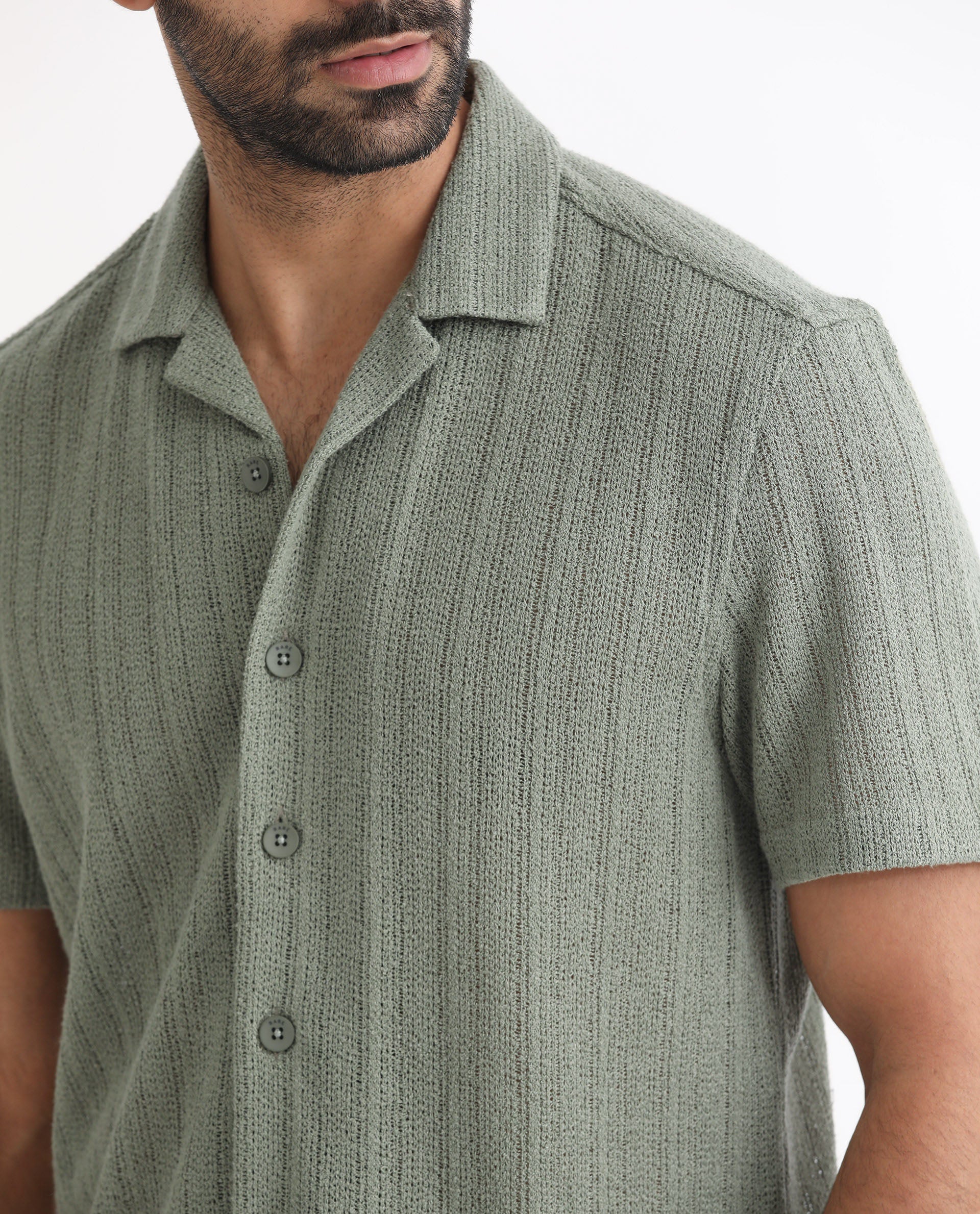 Rare Rabbit Men's Reach Pastel Green Cotton Textured Regular Fit Half Sleeve Cuban Collar Shirt - Image 8