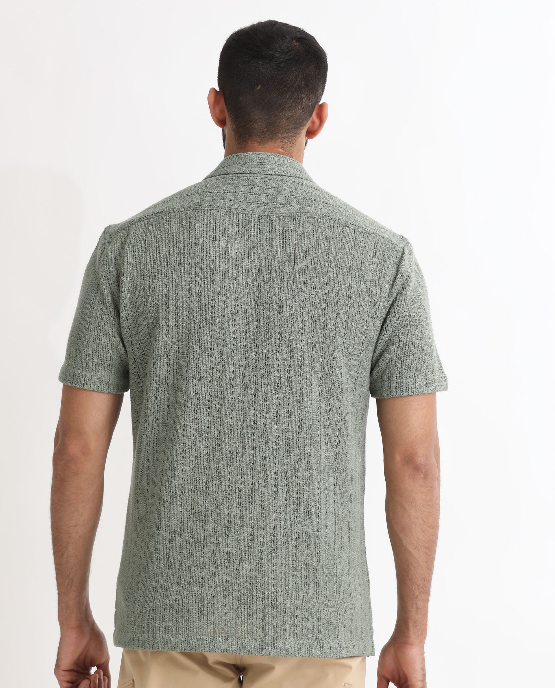 Rare Rabbit Men's Reach Pastel Green Cotton Textured Regular Fit Half Sleeve Cuban Collar Shirt - Image 9