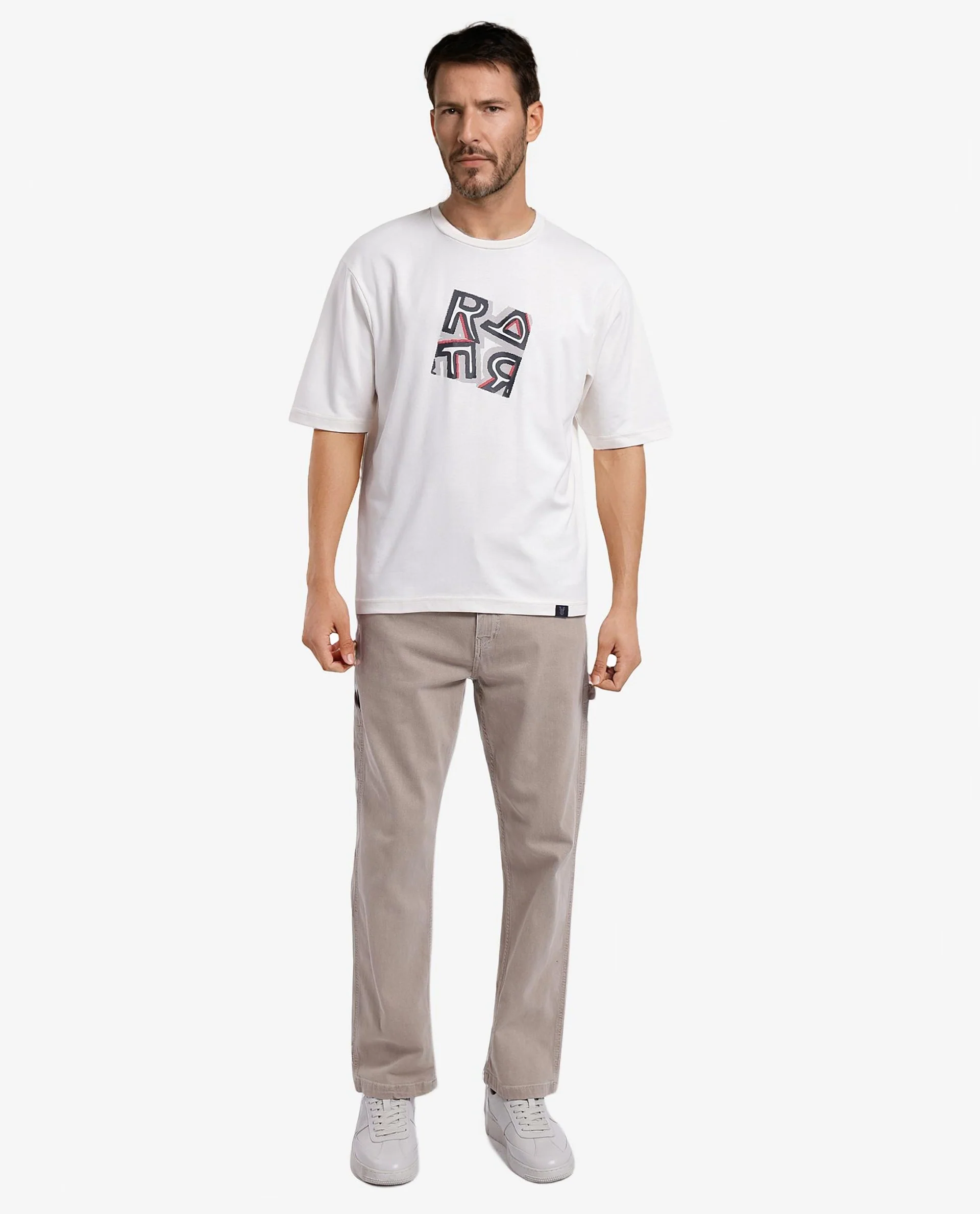 Rare Rabbit Men's Reat Off White Cotton Graphic Print Oversized Fit Half Sleeve Crew Neck T-Shirt - Image 2