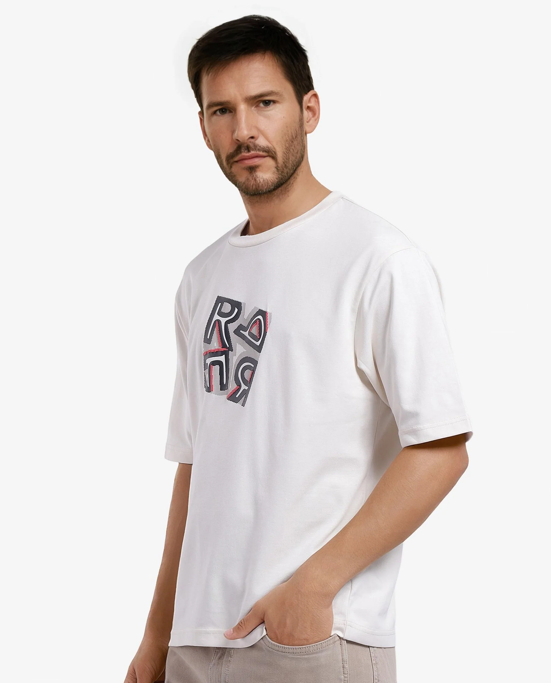 Rare Rabbit Men's Reat Off White Cotton Graphic Print Oversized Fit Half Sleeve Crew Neck T-Shirt - Image 3