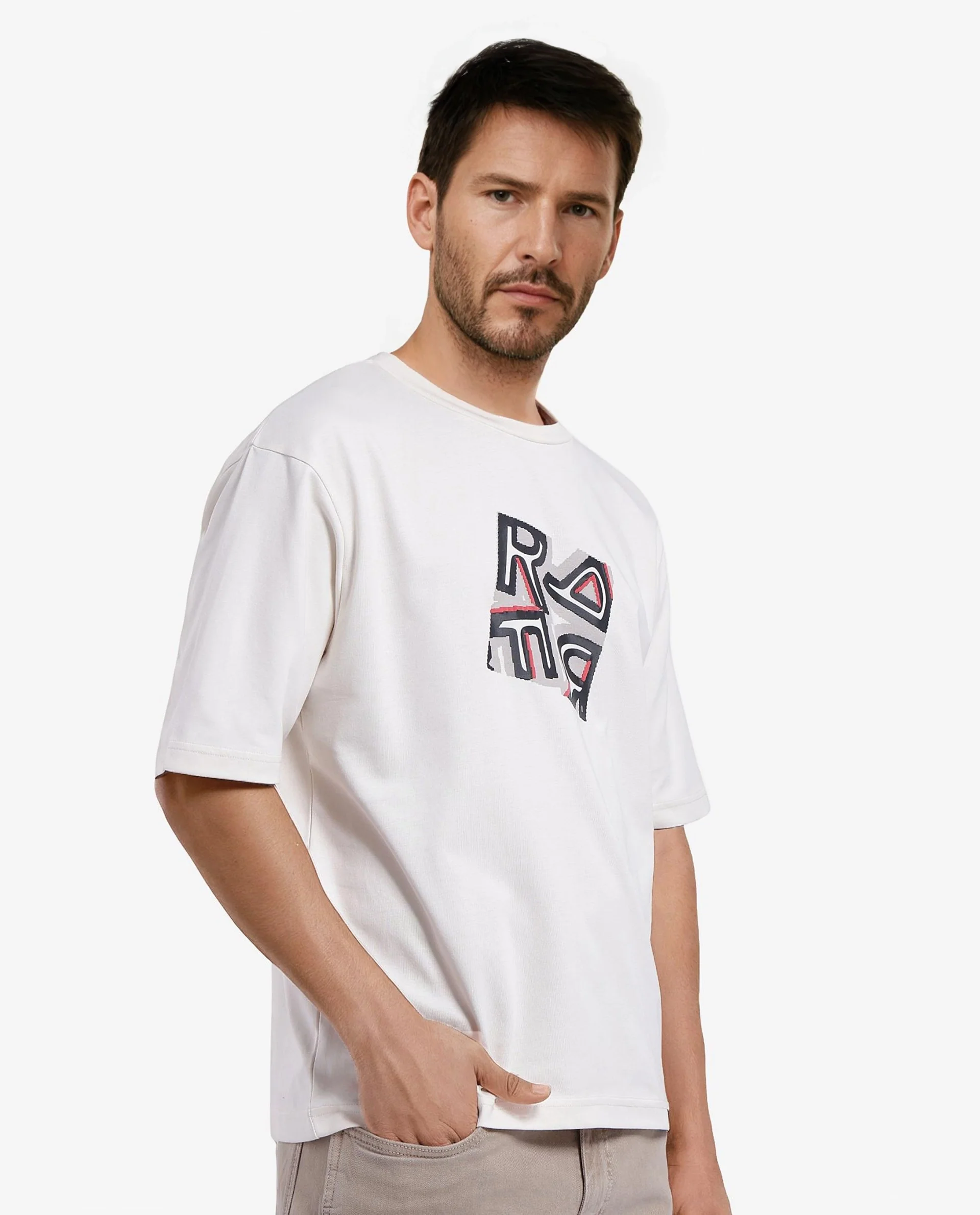 Rare Rabbit Men's Reat Off White Cotton Graphic Print Oversized Fit Half Sleeve Crew Neck T-Shirt - Image 4