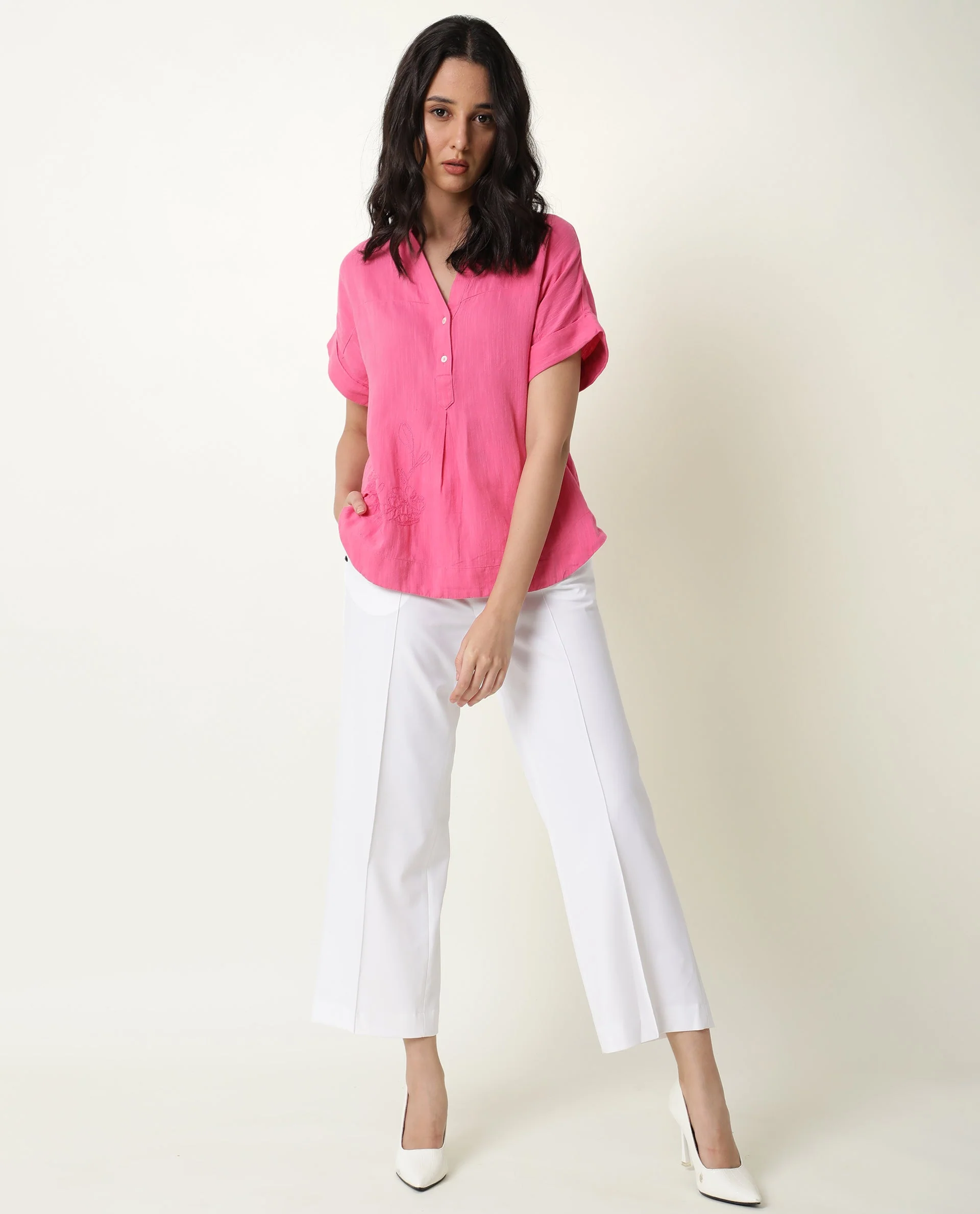Rareism Womens Rebecca Pink Top Cotton Linen Fabric Short Sleeve V Neck - Image 2