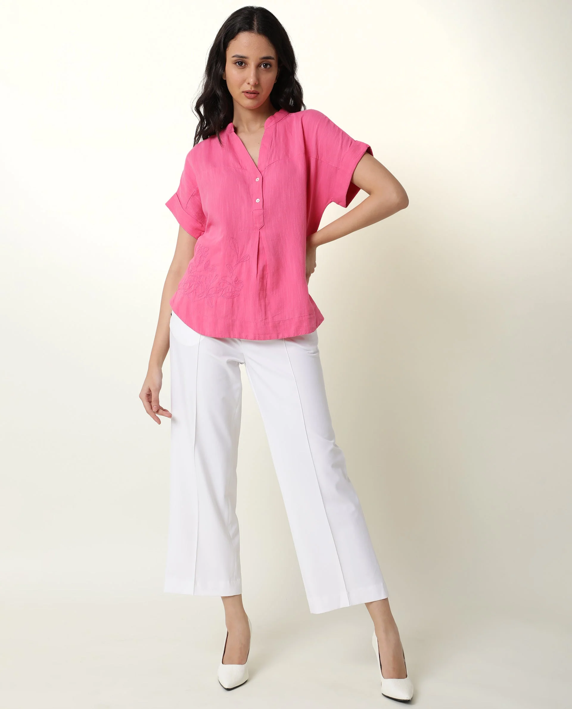 Rareism Womens Rebecca Pink Top Cotton Linen Fabric Short Sleeve V Neck - Image 3
