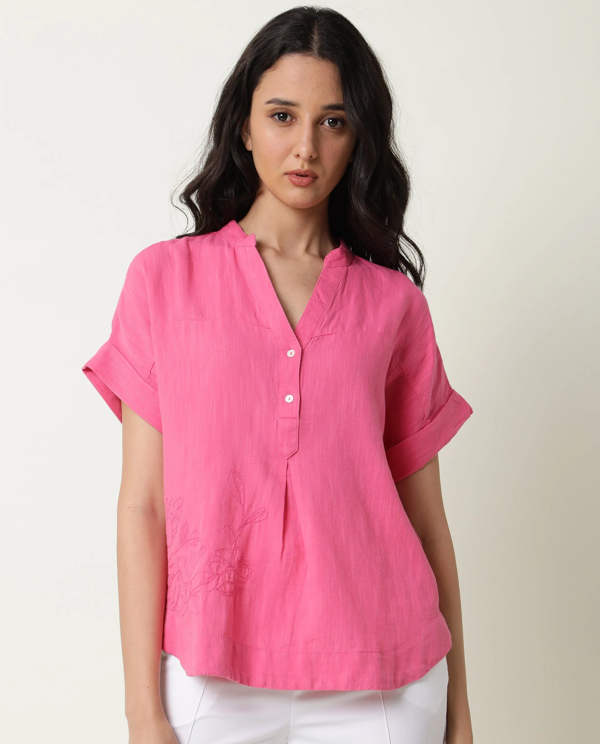 Rareism Womens Rebecca Pink Top Cotton Linen Fabric Short Sleeve V Neck - Image 5