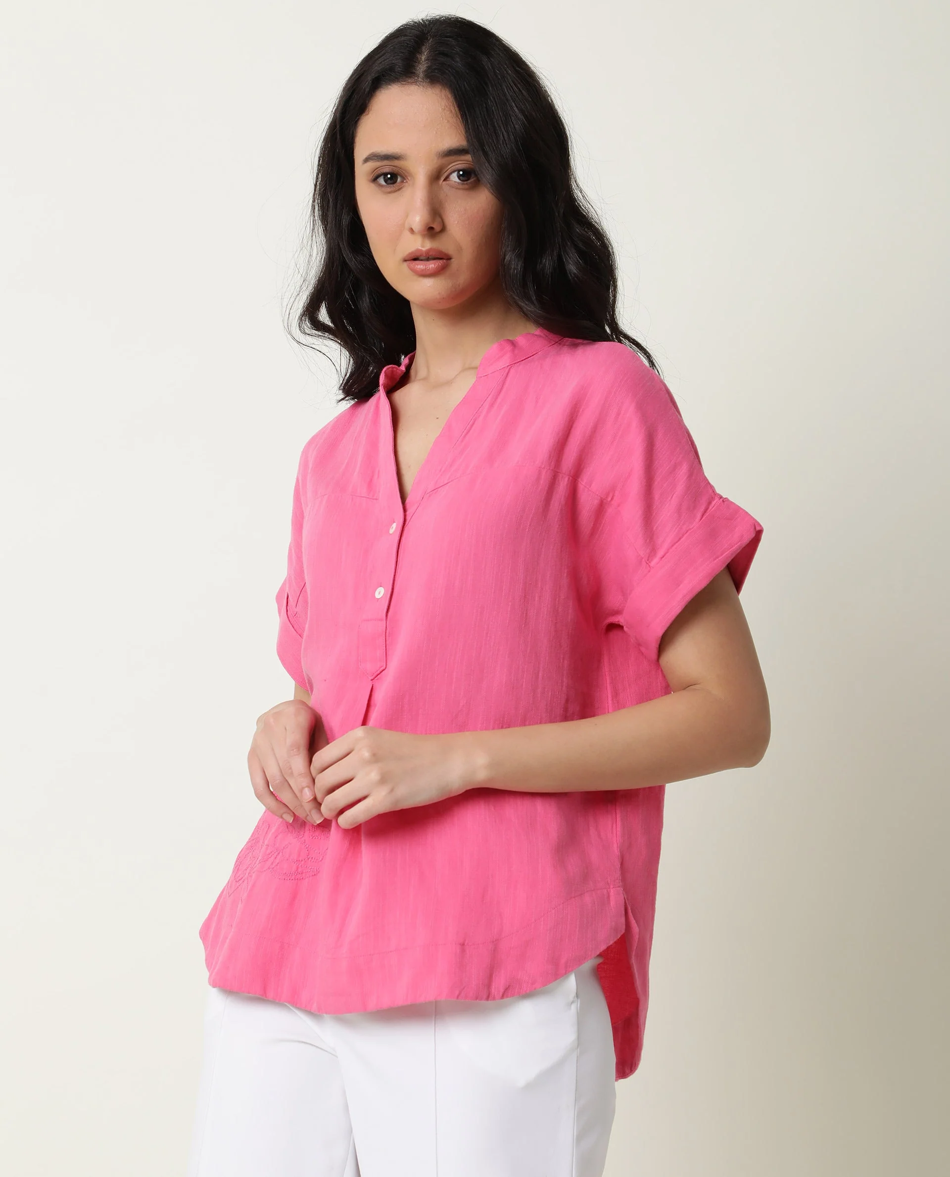 Rareism Womens Rebecca Pink Top Cotton Linen Fabric Short Sleeve V Neck - Image 6