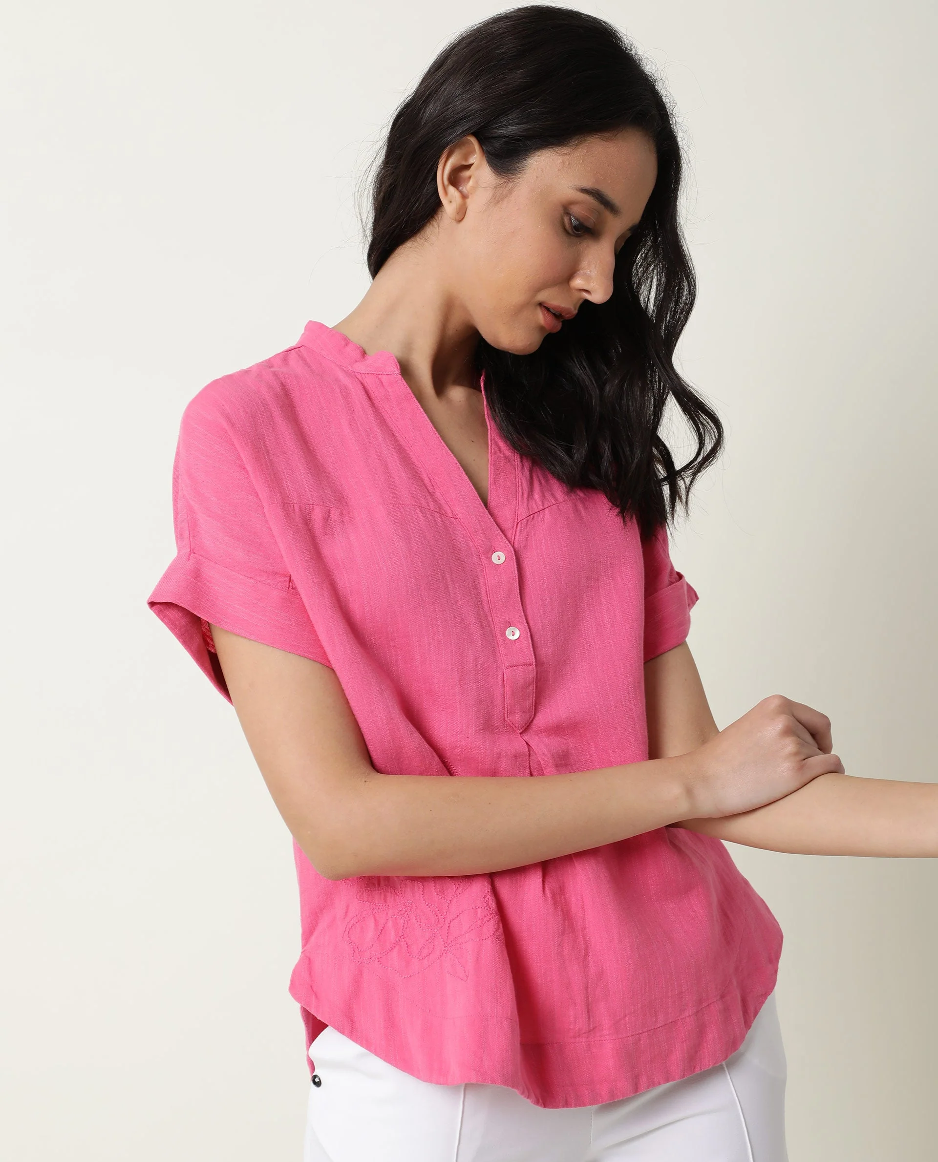 Rareism Womens Rebecca Pink Top Cotton Linen Fabric Short Sleeve V Neck - Image 7