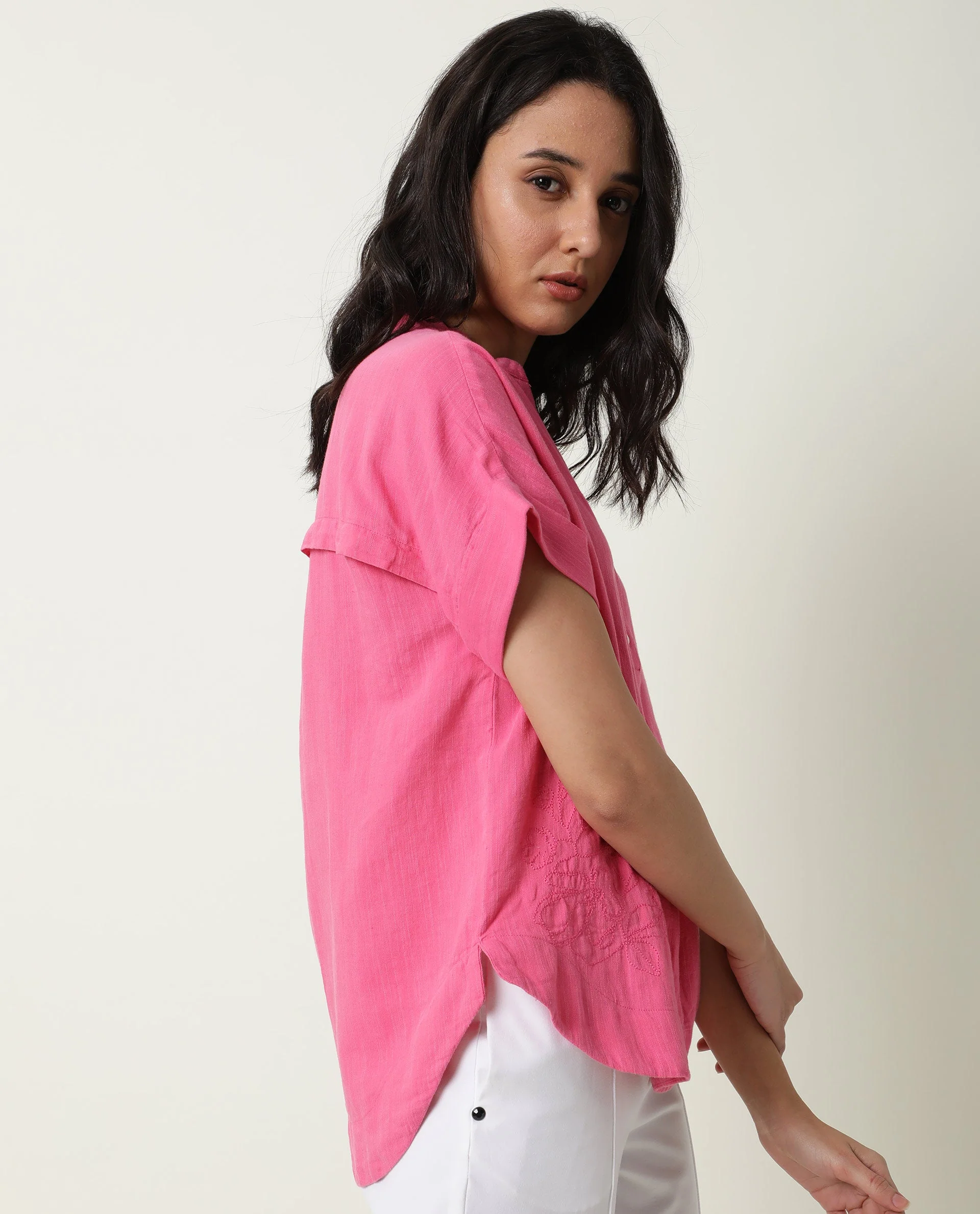 Rareism Womens Rebecca Pink Top Cotton Linen Fabric Short Sleeve V Neck - Image 8