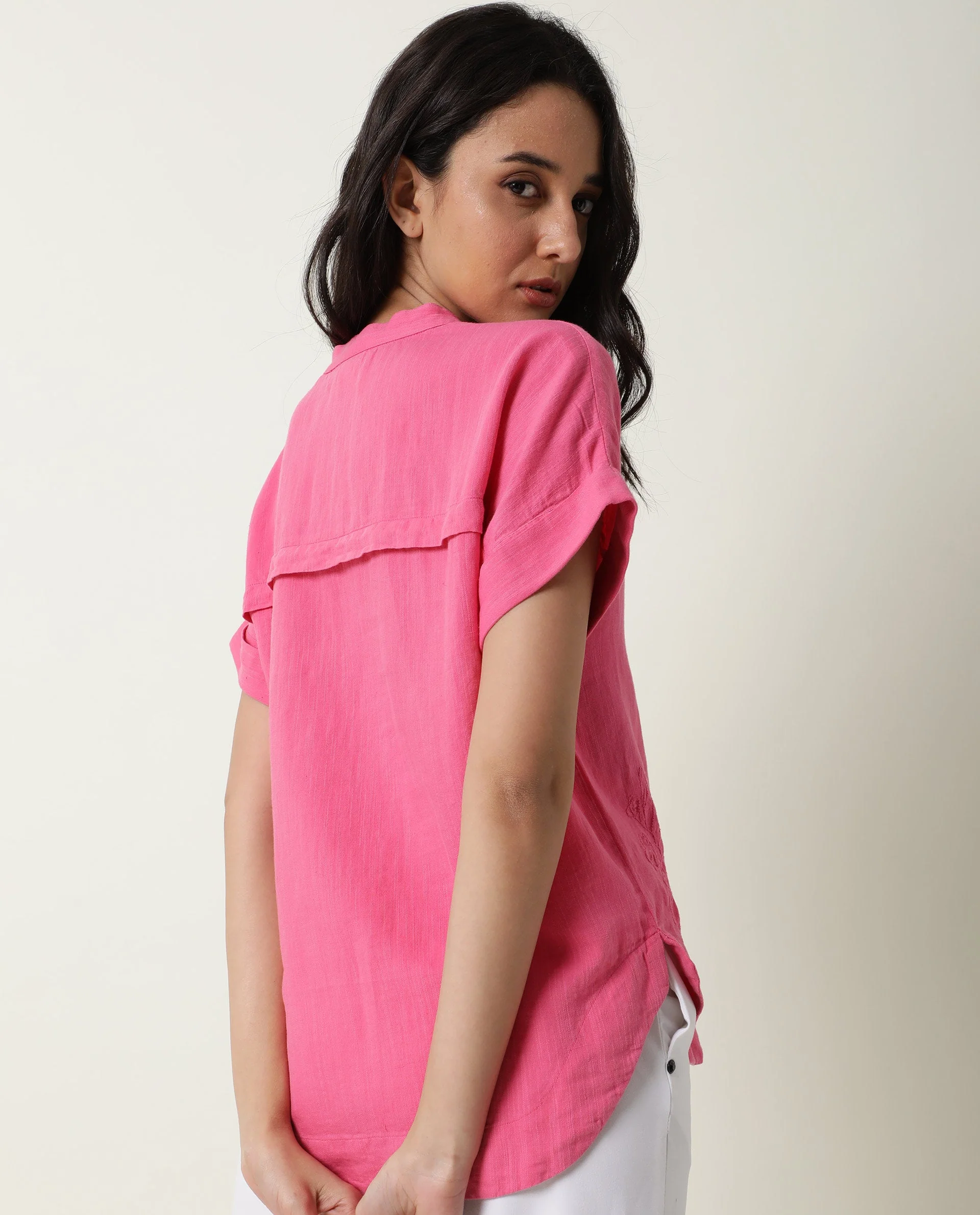 Rareism Womens Rebecca Pink Top Cotton Linen Fabric Short Sleeve V Neck - Image 9