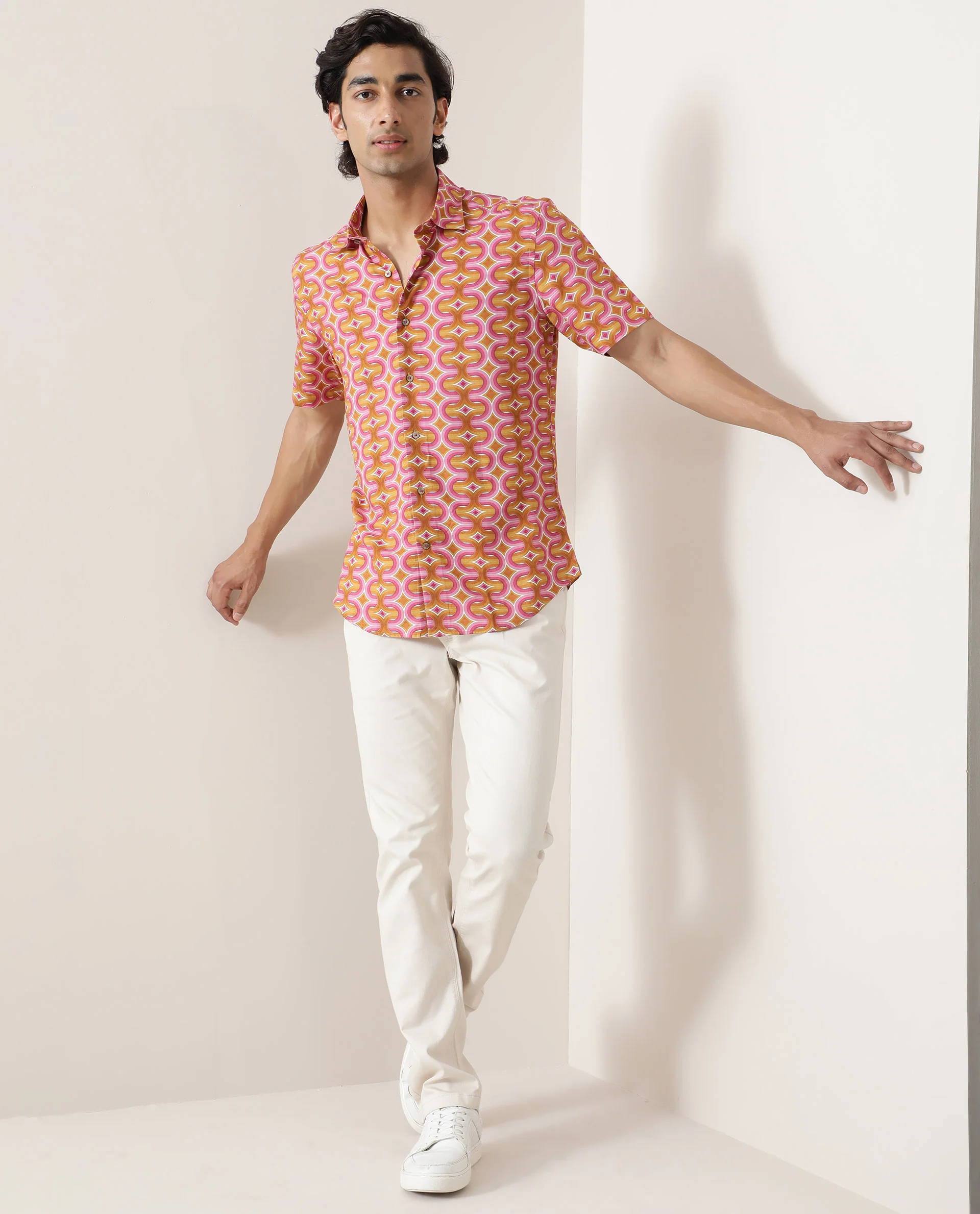 Rare Rabbit Men's Rebeus Multi Viscose Geometric Print Regular Fit Half Sleeve Collared Shirt - Image 2
