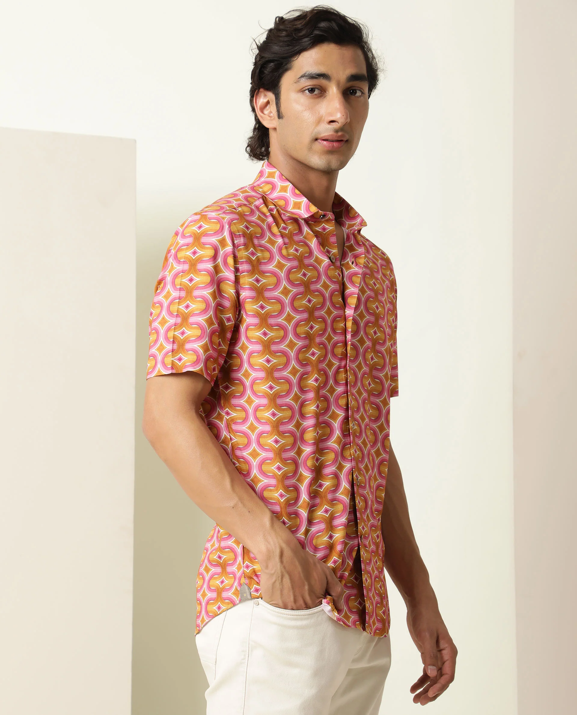 Rare Rabbit Men's Rebeus Multi Viscose Geometric Print Regular Fit Half Sleeve Collared Shirt - Image 3
