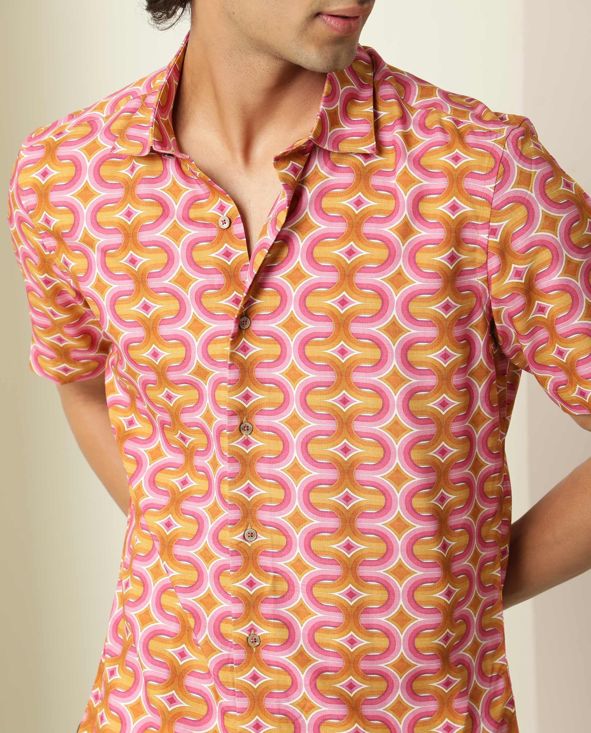 Rare Rabbit Men's Rebeus Multi Viscose Geometric Print Regular Fit Half Sleeve Collared Shirt - Image 4