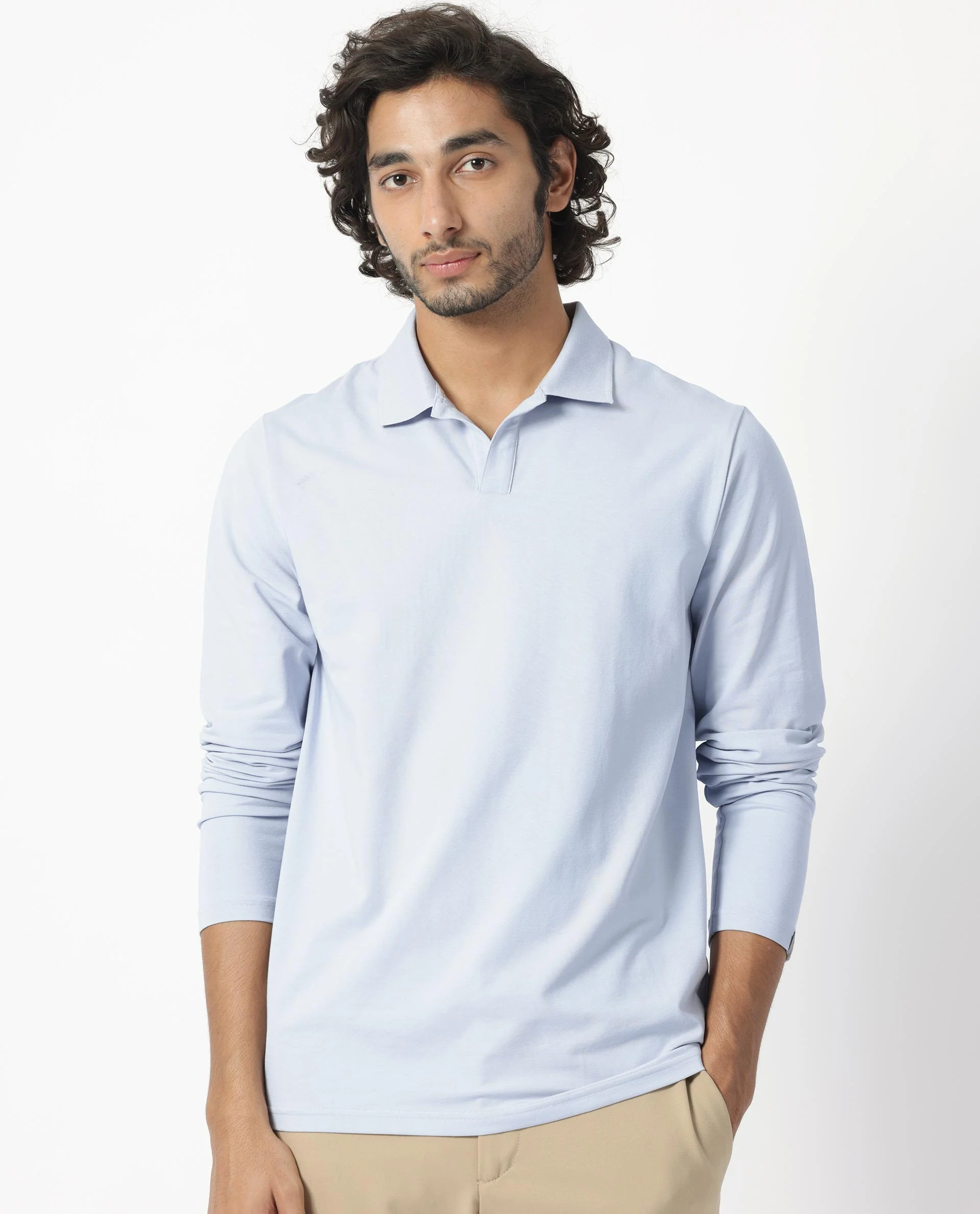 Rare Rabbit Men's Reborn-1 Light Blue Cotton Plain Regular Fit Full Sleeve Polo