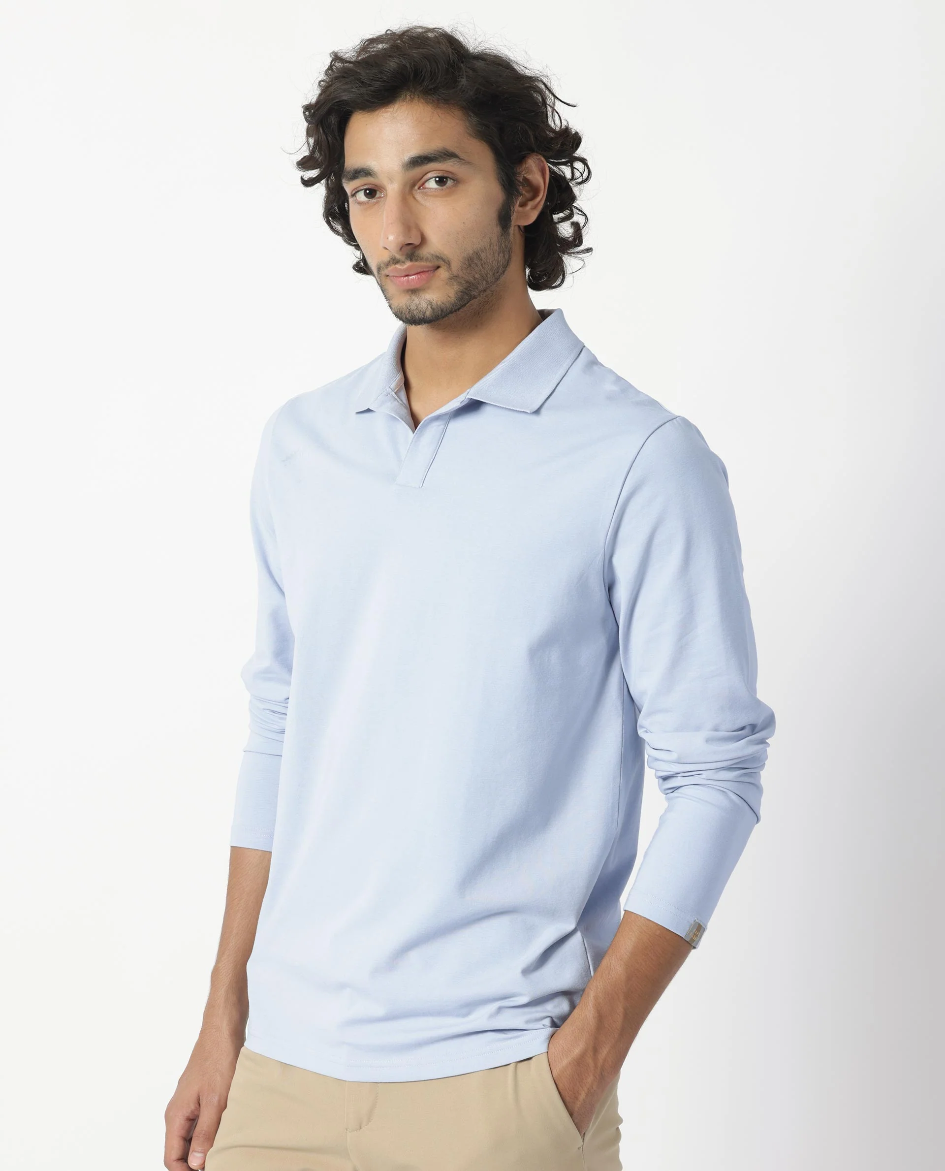 Rare Rabbit Men's Reborn-1 Light Blue Cotton Plain Regular Fit Full Sleeve Polo - Image 4