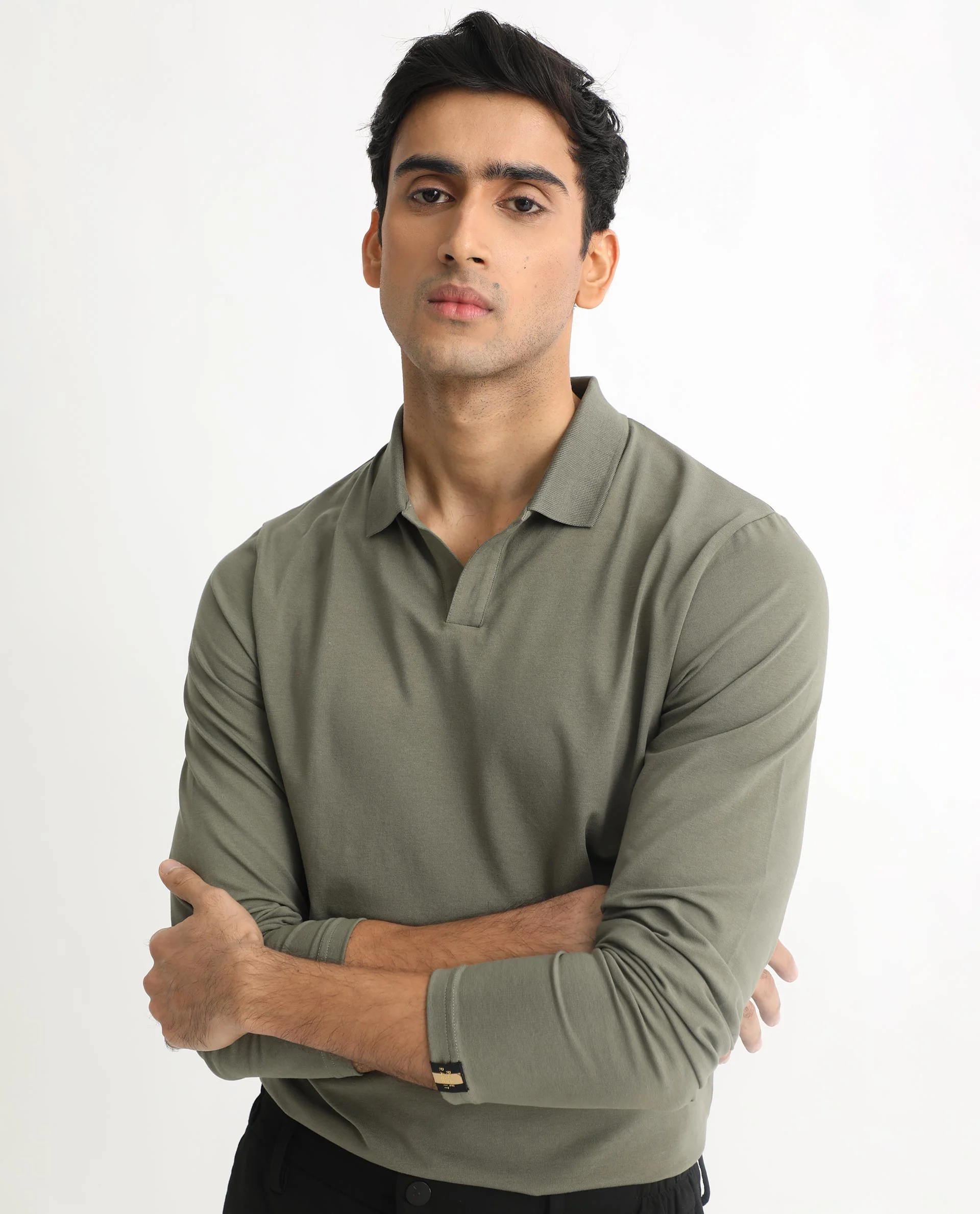 Rare Rabbit Men's Reborn-1 Light Olive Cotton Plain Regular Fit Full Sleeve Polo - Image 10