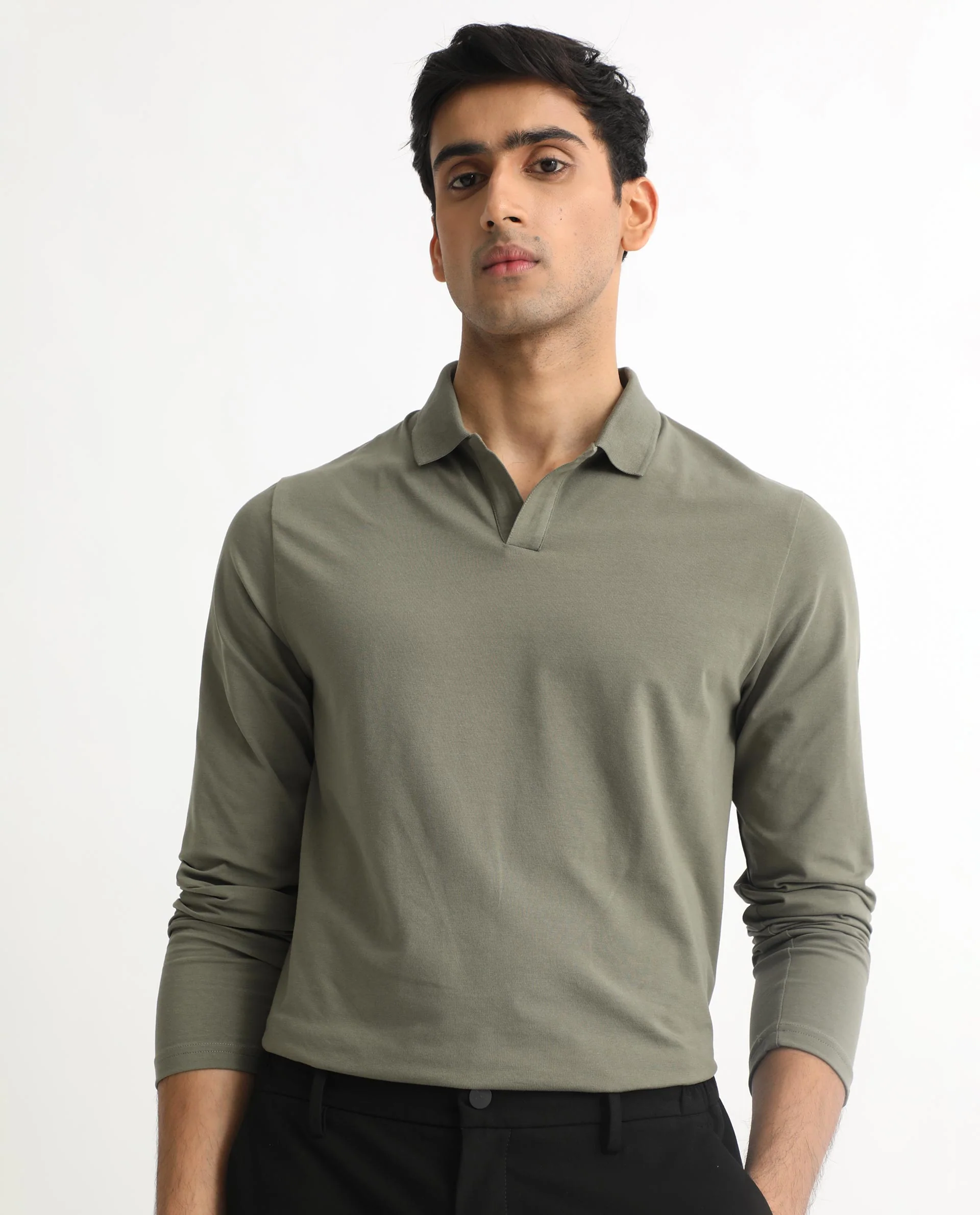 Rare Rabbit Men's Reborn-1 Light Olive Cotton Plain Regular Fit Full Sleeve Polo - Image 3