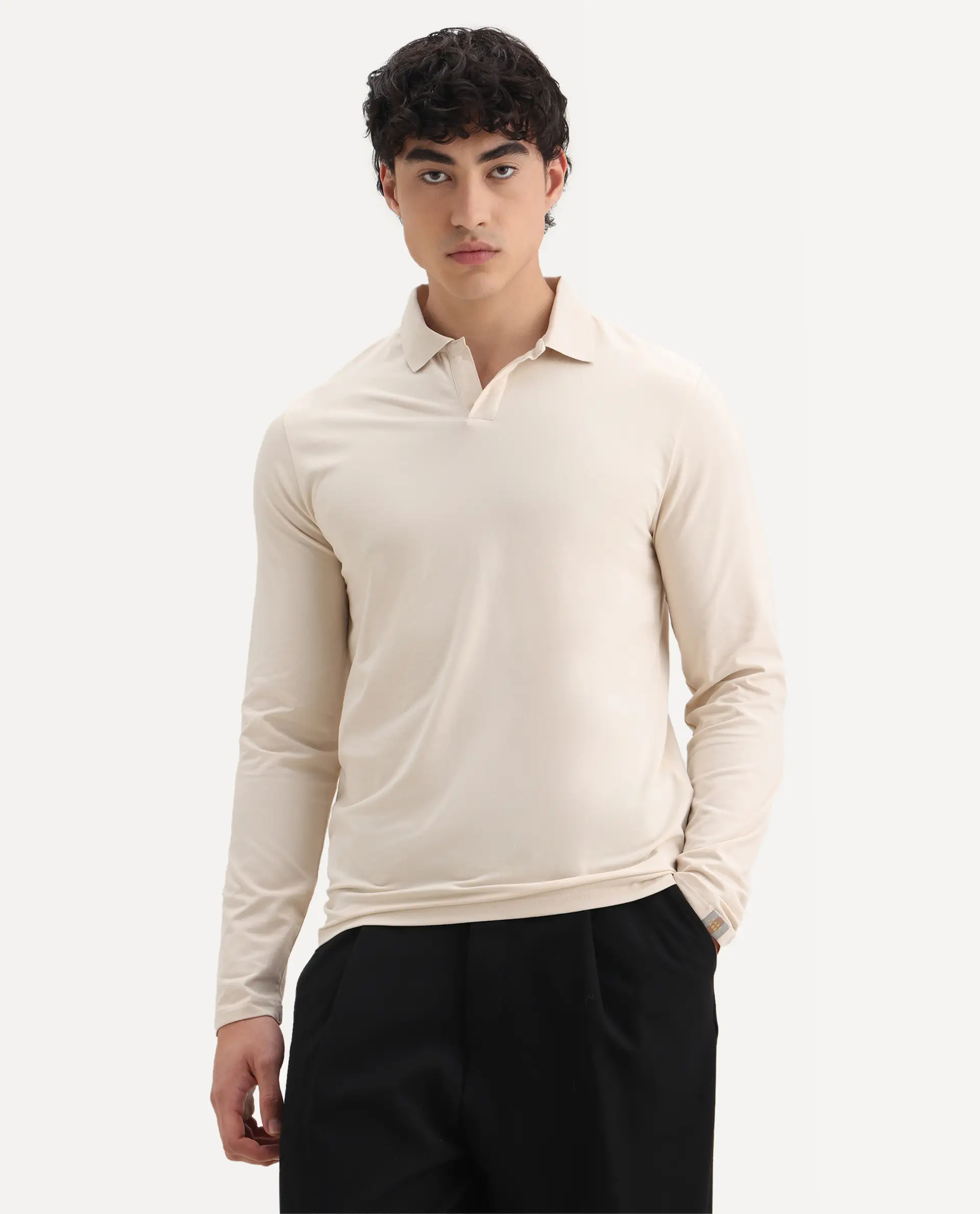 Rare Rabbit Men's Reborn-1 Off White Cotton Plain Regular Fit Full Sleeve Polo - Image 3