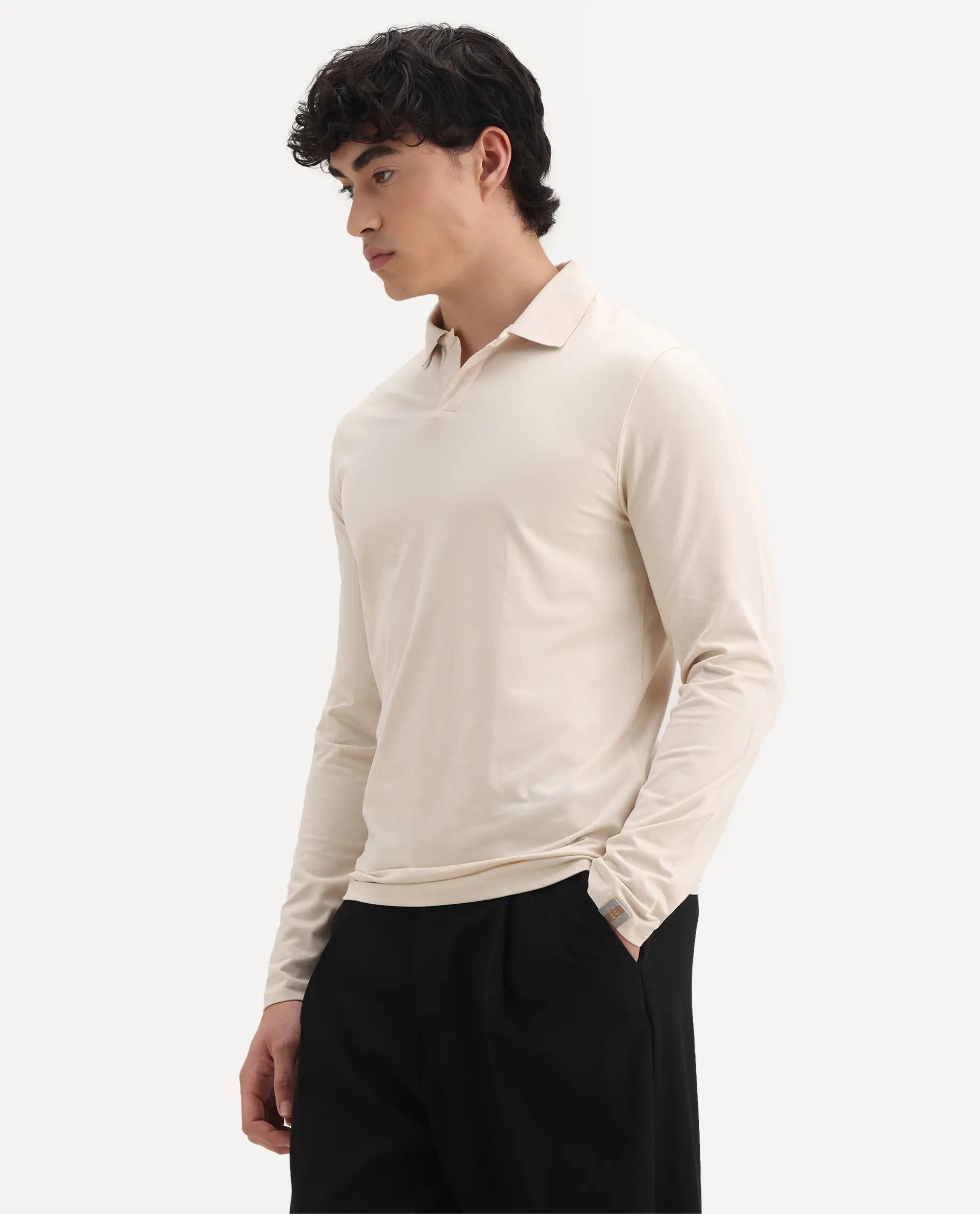 Rare Rabbit Men's Reborn-1 Off White Cotton Plain Regular Fit Full Sleeve Polo - Image 4