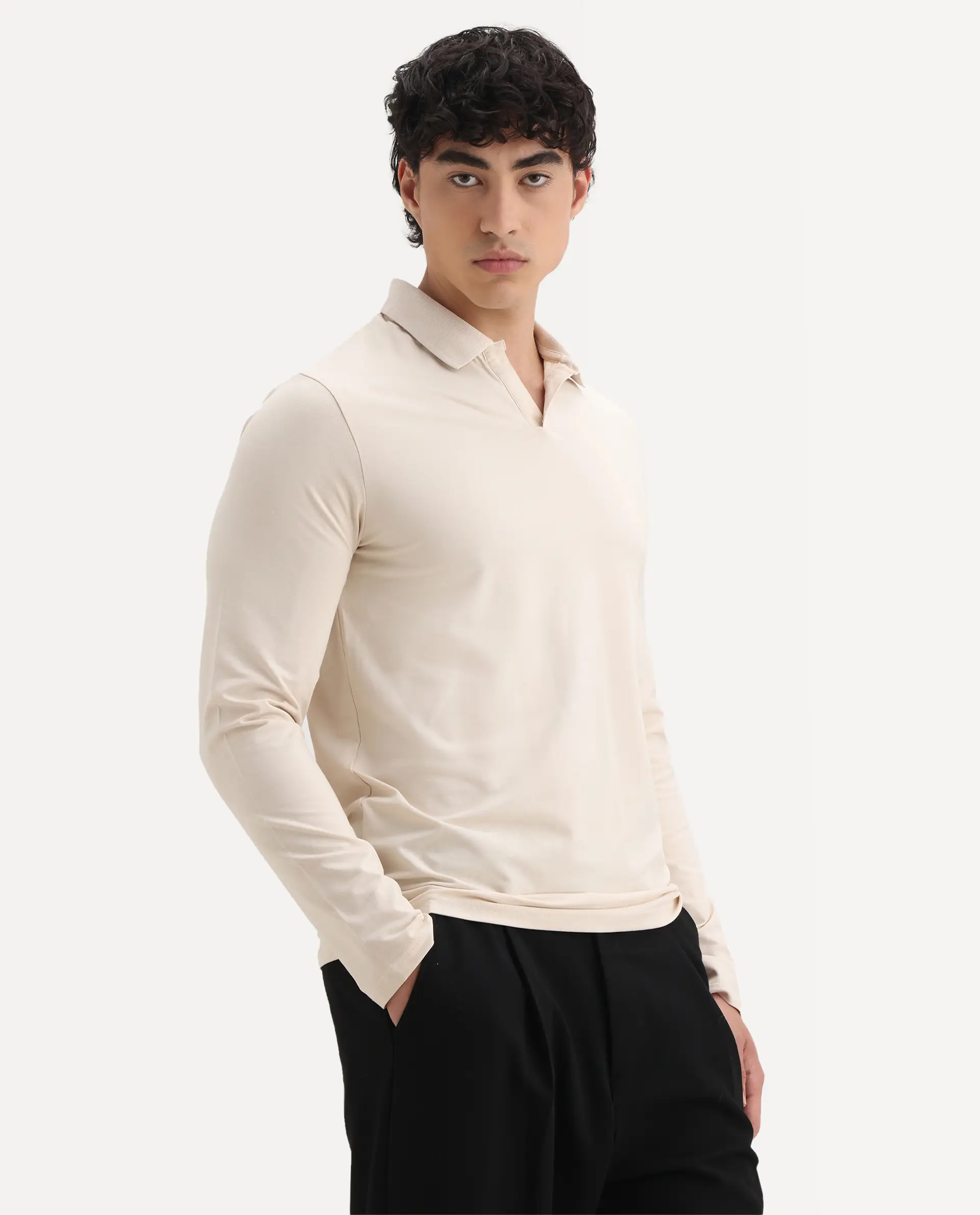 Rare Rabbit Men's Reborn-1 Off White Cotton Plain Regular Fit Full Sleeve Polo - Image 5