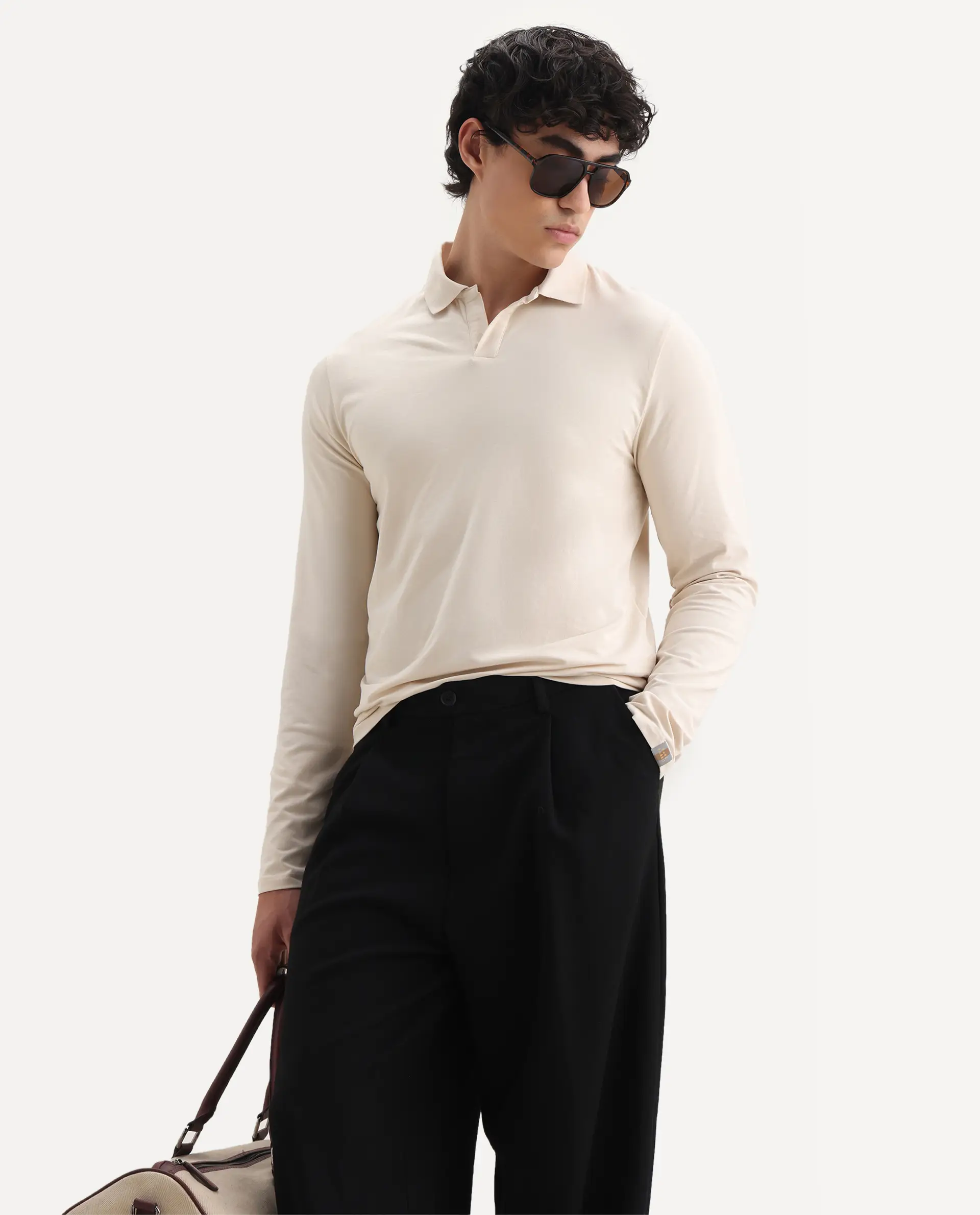 Rare Rabbit Men's Reborn-1 Off White Cotton Plain Regular Fit Full Sleeve Polo - Image 7