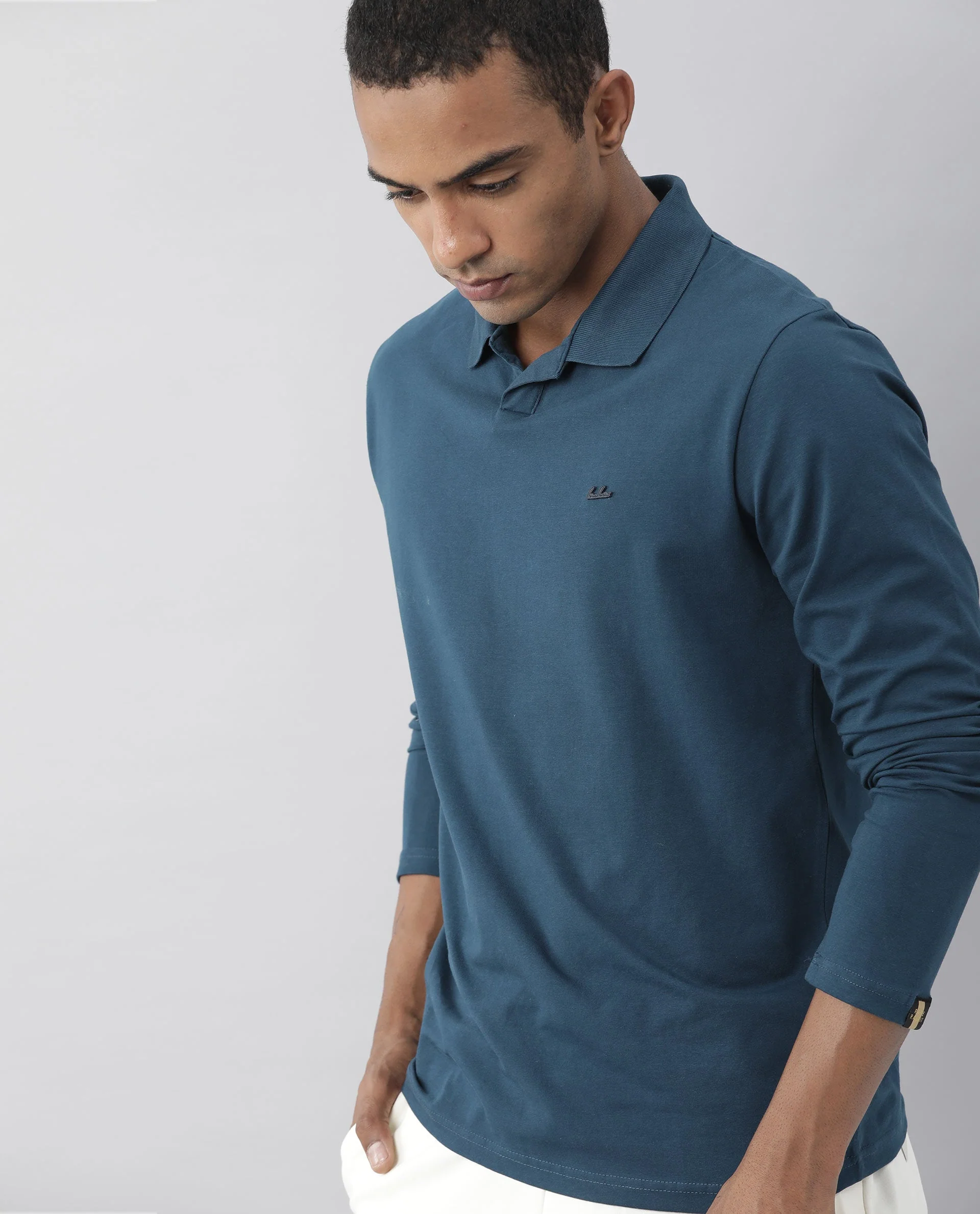 Rare Rabbit Men's Reborn Petrol Cotton Plain Slim Fit Full Sleeve Polo - Image 2