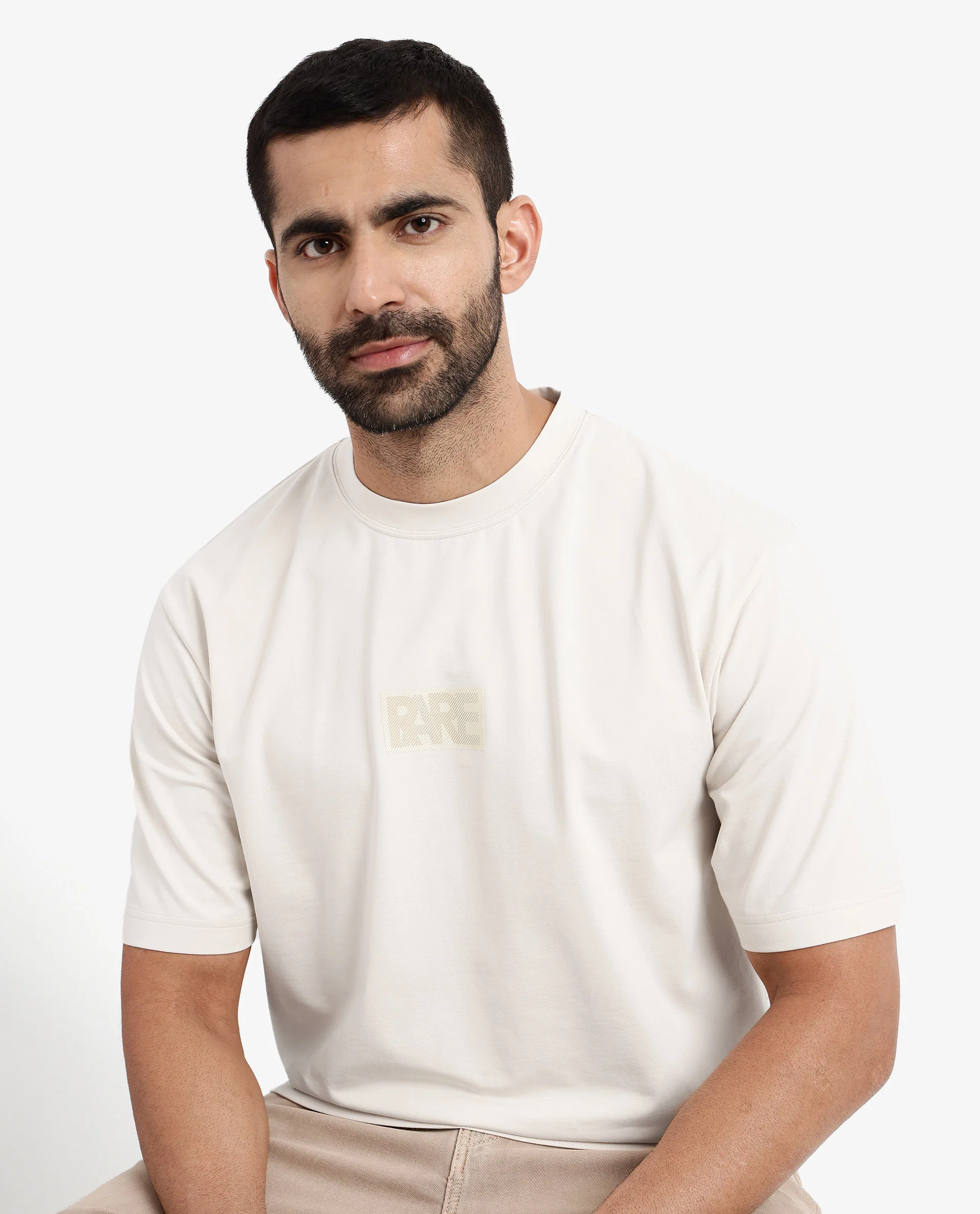 Rare Rabbit Men's Reborn-T Beige Cotton Graphic Print Oversized Fit Half Sleeve Crew Neck T-Shirt