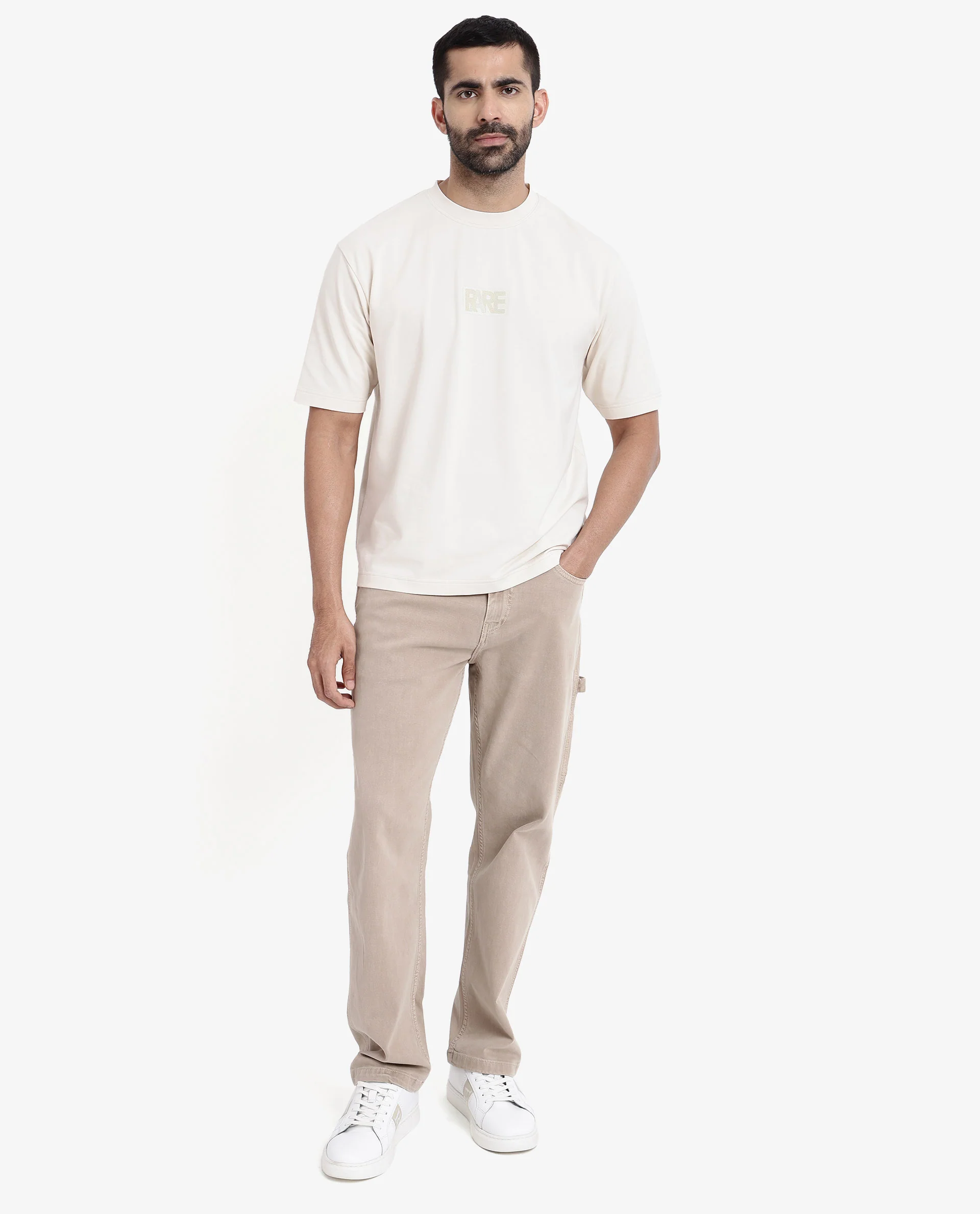 Rare Rabbit Men's Reborn-T Beige Cotton Graphic Print Oversized Fit Half Sleeve Crew Neck T-Shirt - Image 2