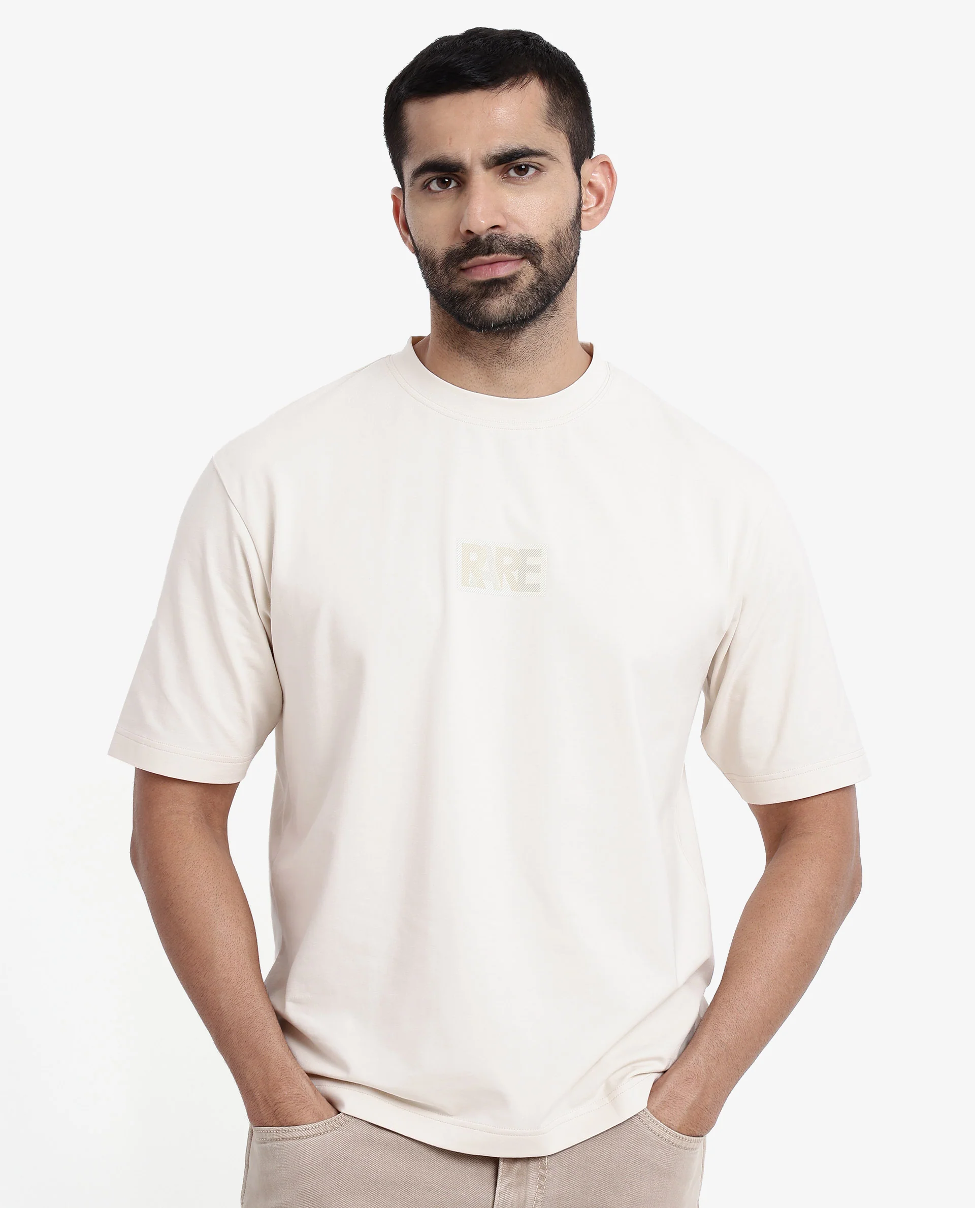Rare Rabbit Men's Reborn-T Beige Cotton Graphic Print Oversized Fit Half Sleeve Crew Neck T-Shirt - Image 3