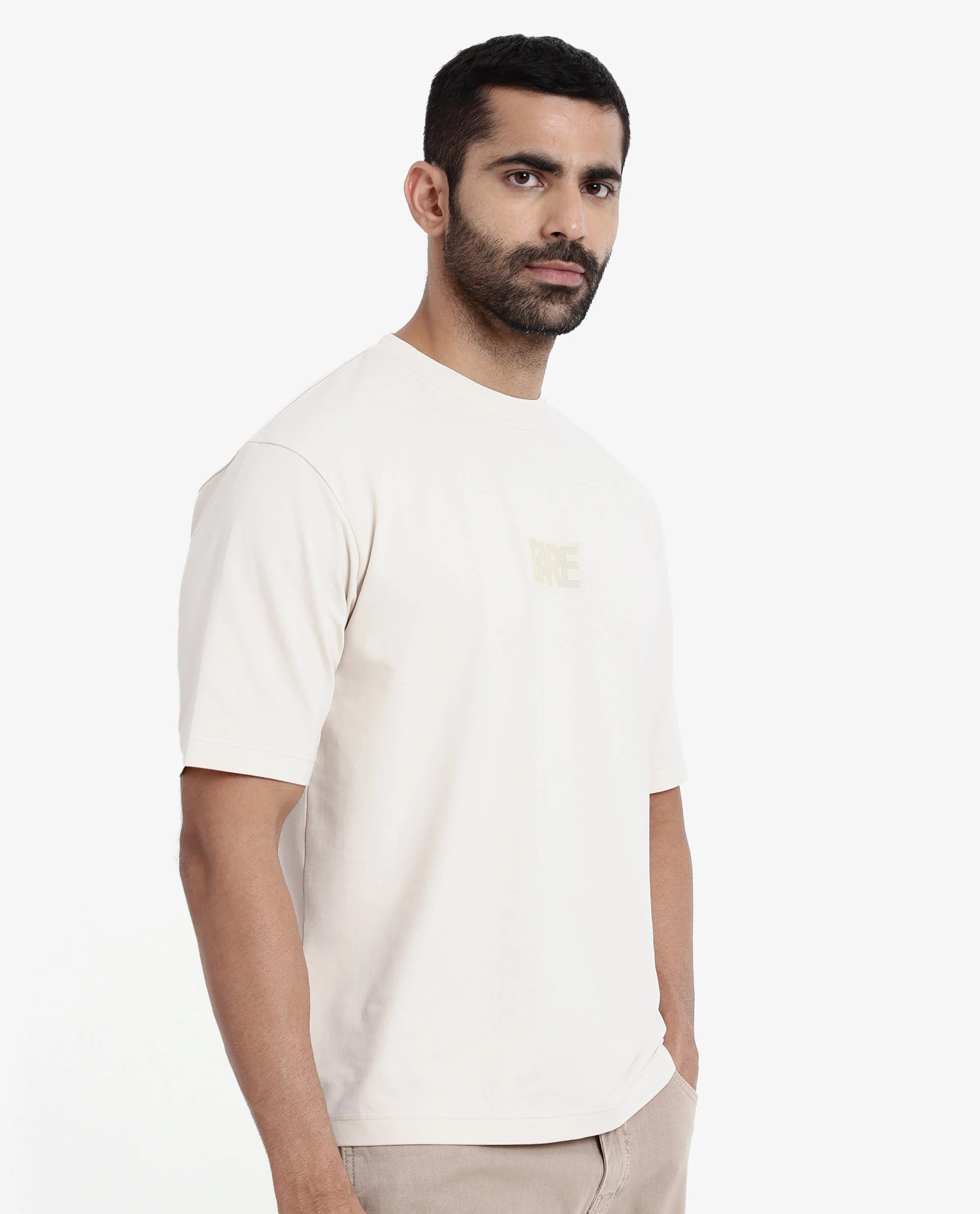 Rare Rabbit Men's Reborn-T Beige Cotton Graphic Print Oversized Fit Half Sleeve Crew Neck T-Shirt - Image 6