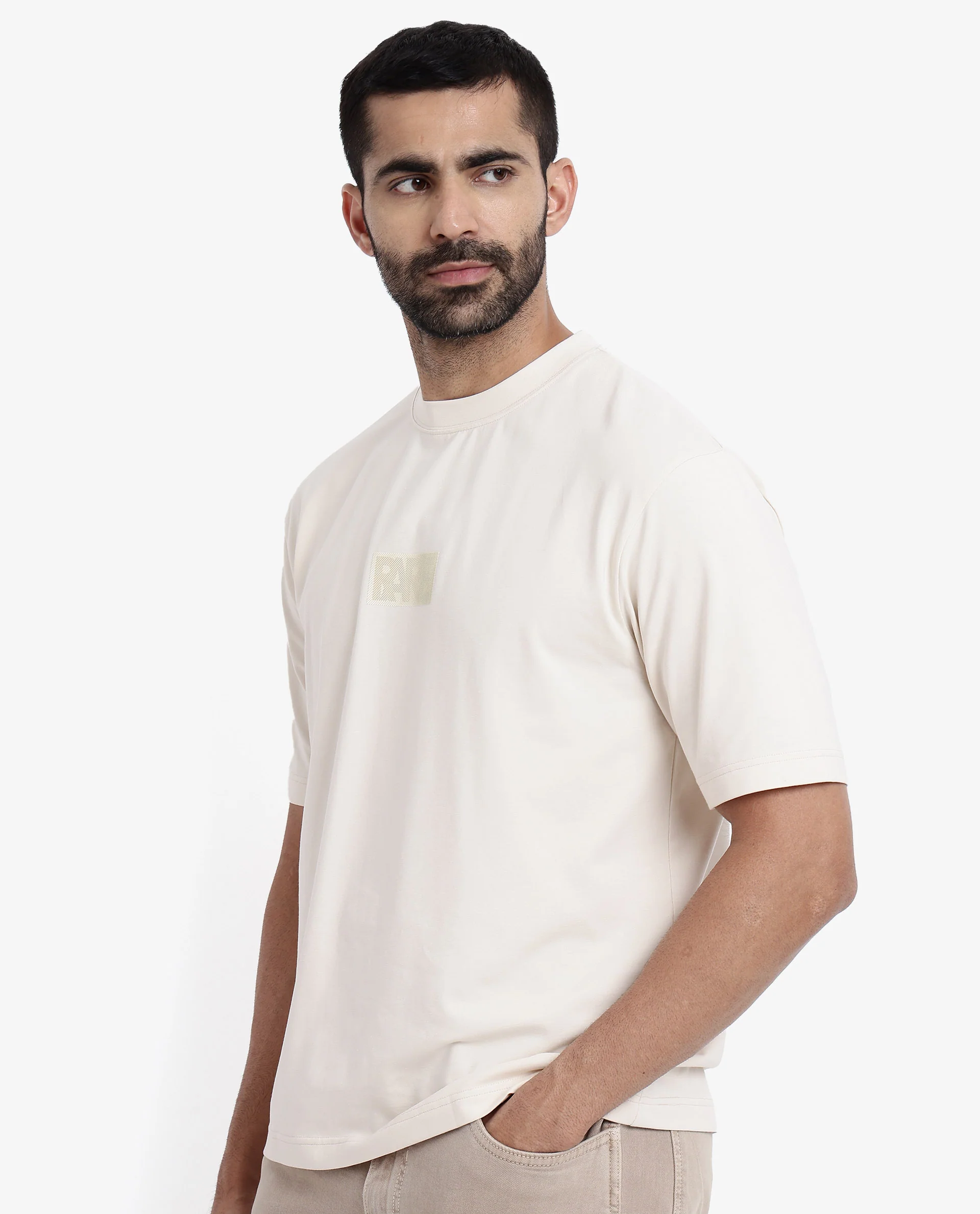 Rare Rabbit Men's Reborn-T Beige Cotton Graphic Print Oversized Fit Half Sleeve Crew Neck T-Shirt - Image 7