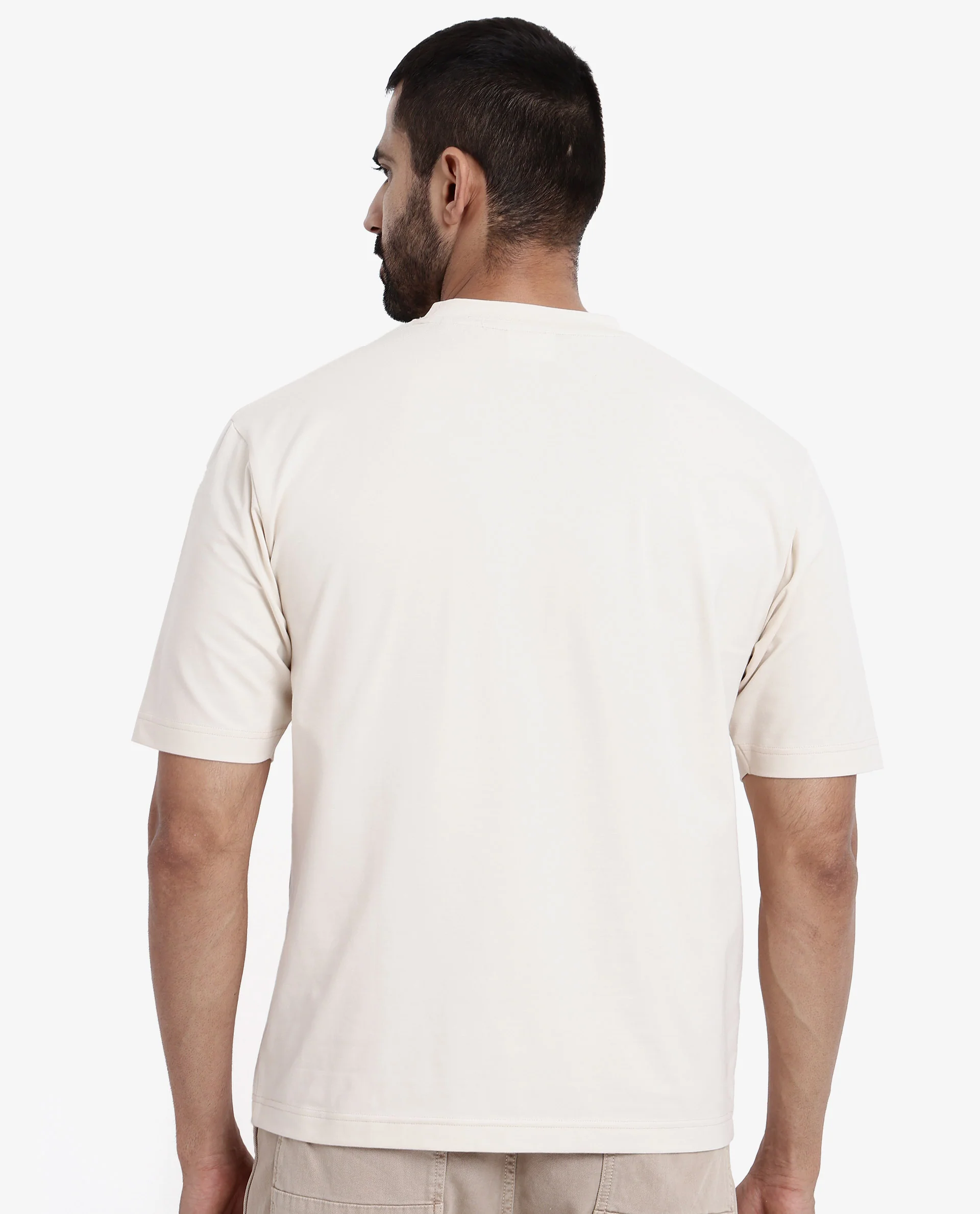 Rare Rabbit Men's Reborn-T Beige Cotton Graphic Print Oversized Fit Half Sleeve Crew Neck T-Shirt - Image 8