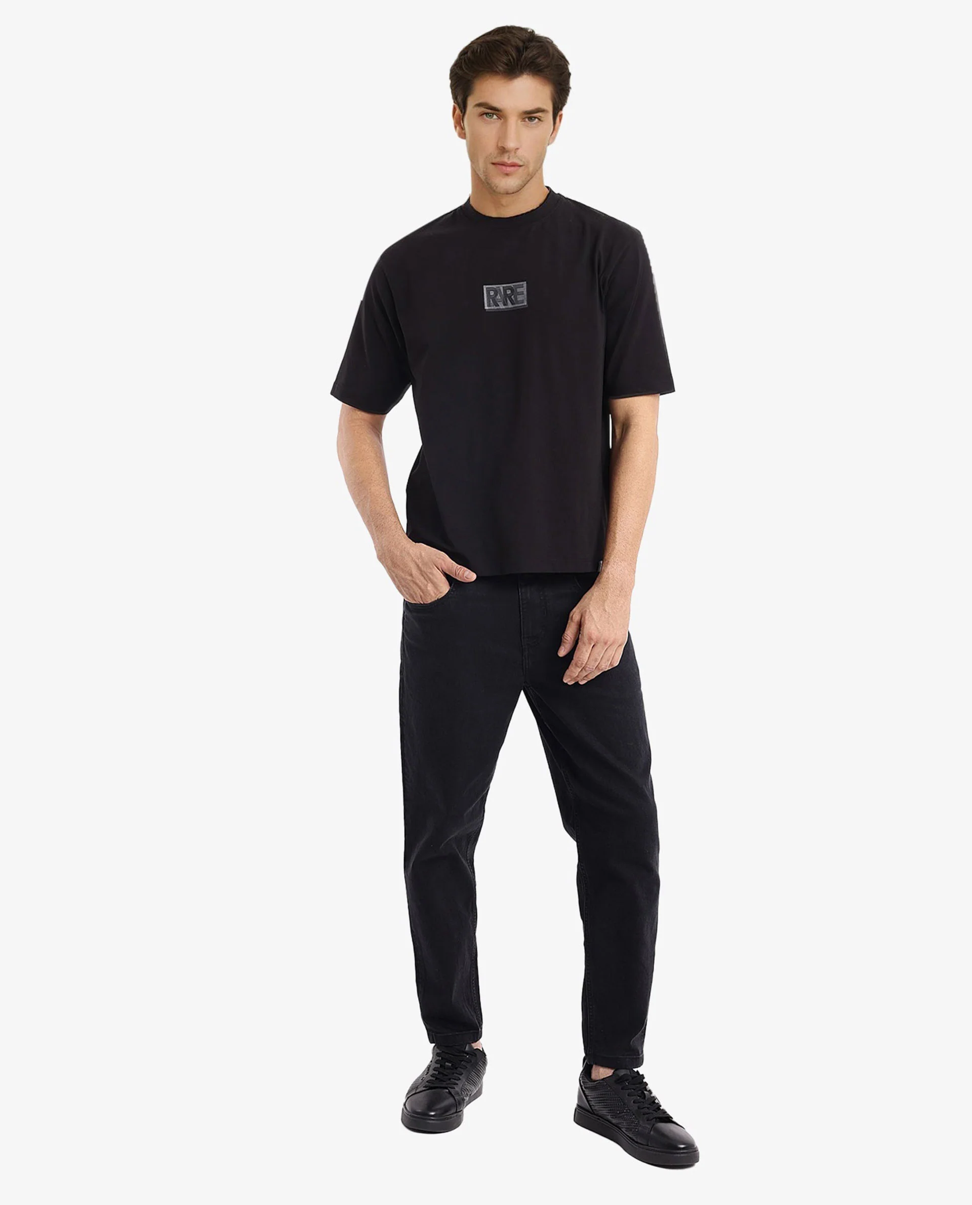 Rare Rabbit Men's Reborn-T Black Cotton Graphic Print Oversized Fit Half Sleeve Crew Neck T-Shirt - Image 3