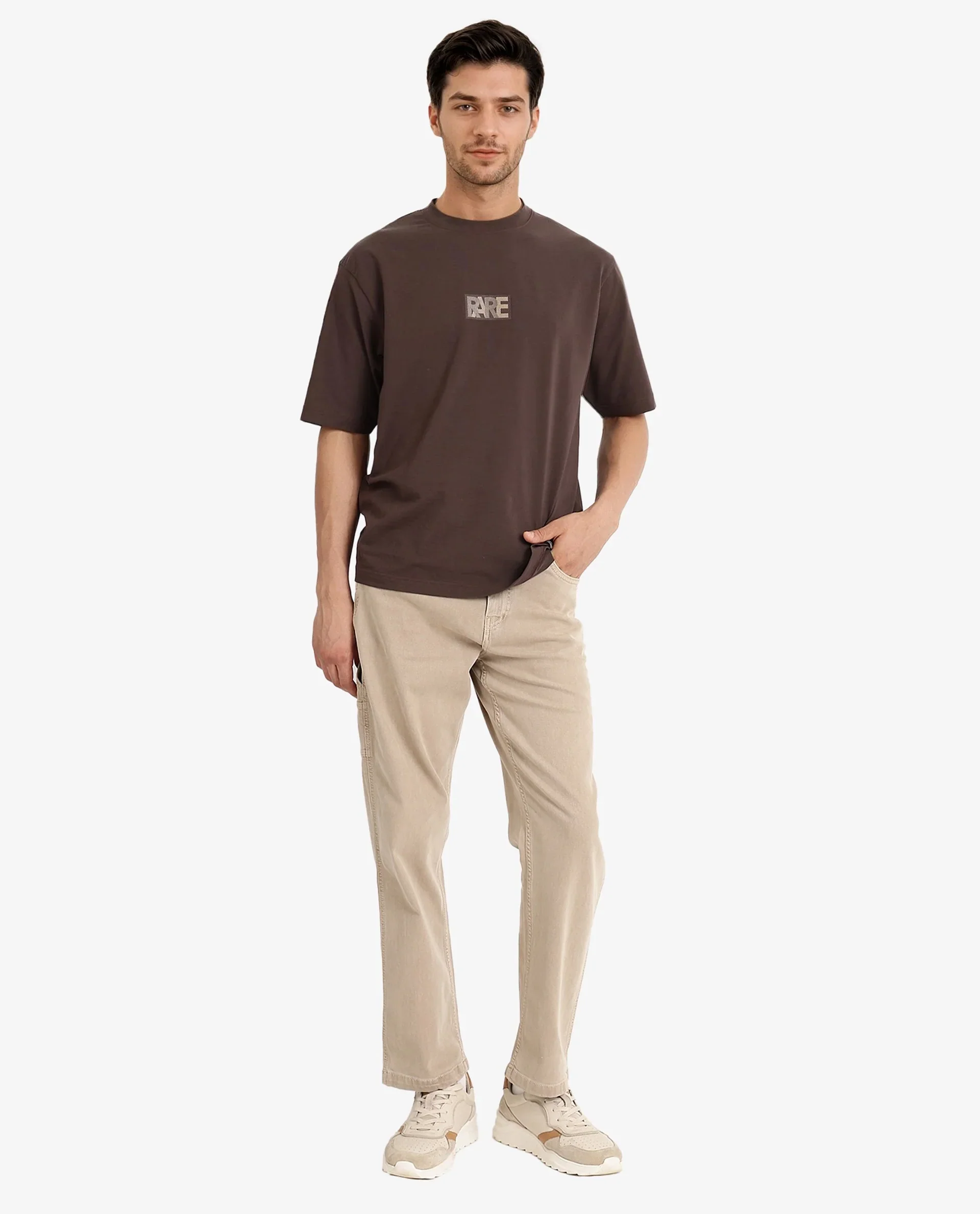 Rare Rabbit Men's Reborn-T Brown Cotton Graphic Print Oversized Fit Half Sleeve Crew Neck T-Shirt - Image 3