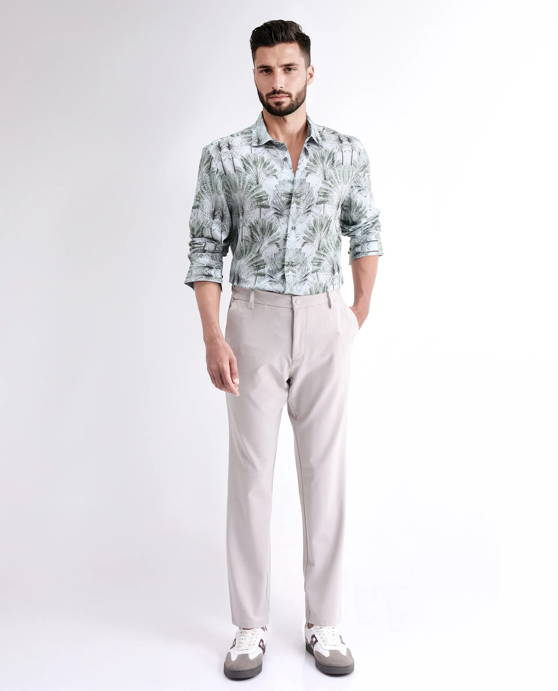 Rare Rabbit Men's Reca Light Green Viscose Abstract Print Regular Fit Full Sleeve Collared Shirt - Image 2