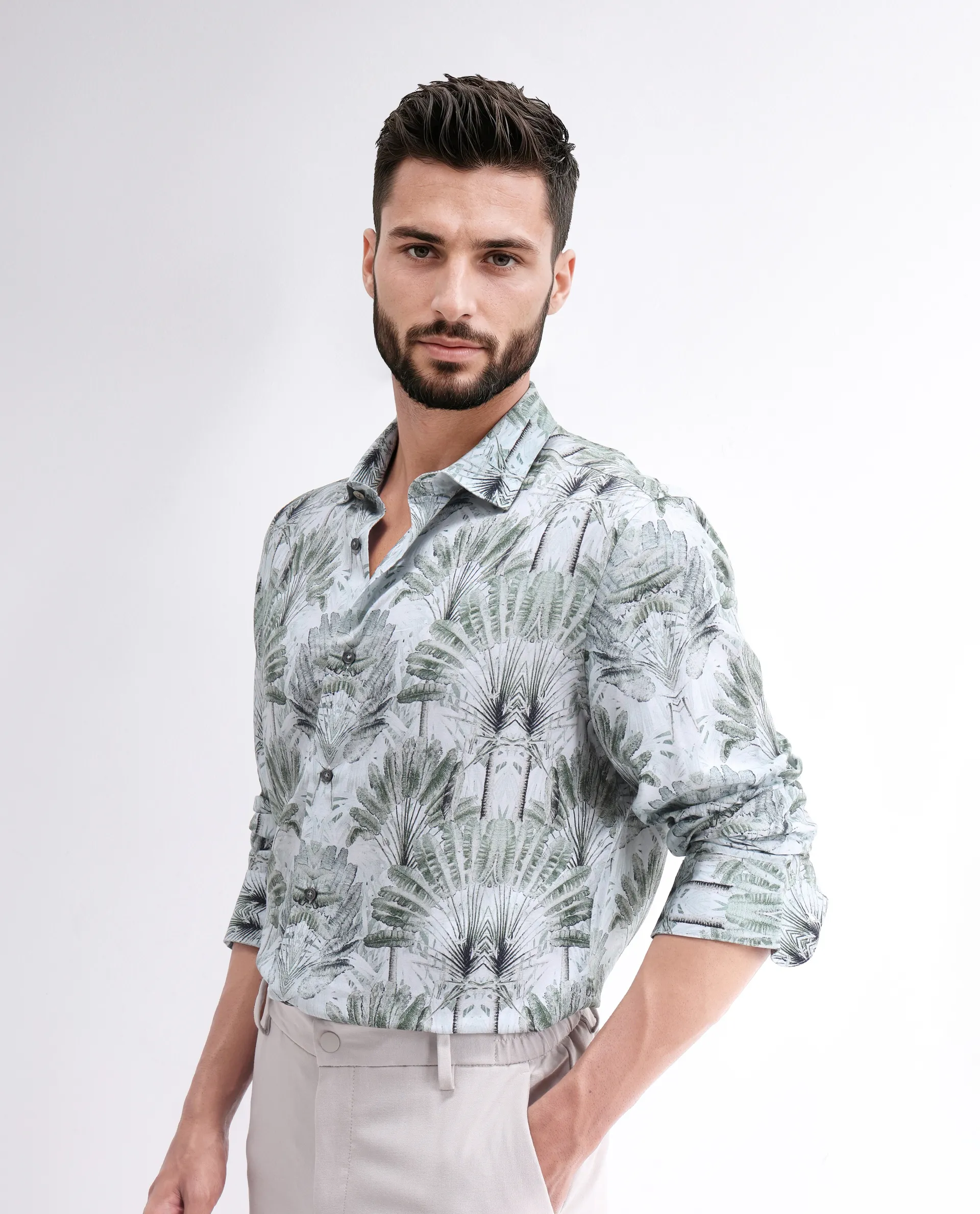 Rare Rabbit Men's Reca Light Green Viscose Abstract Print Regular Fit Full Sleeve Collared Shirt - Image 7