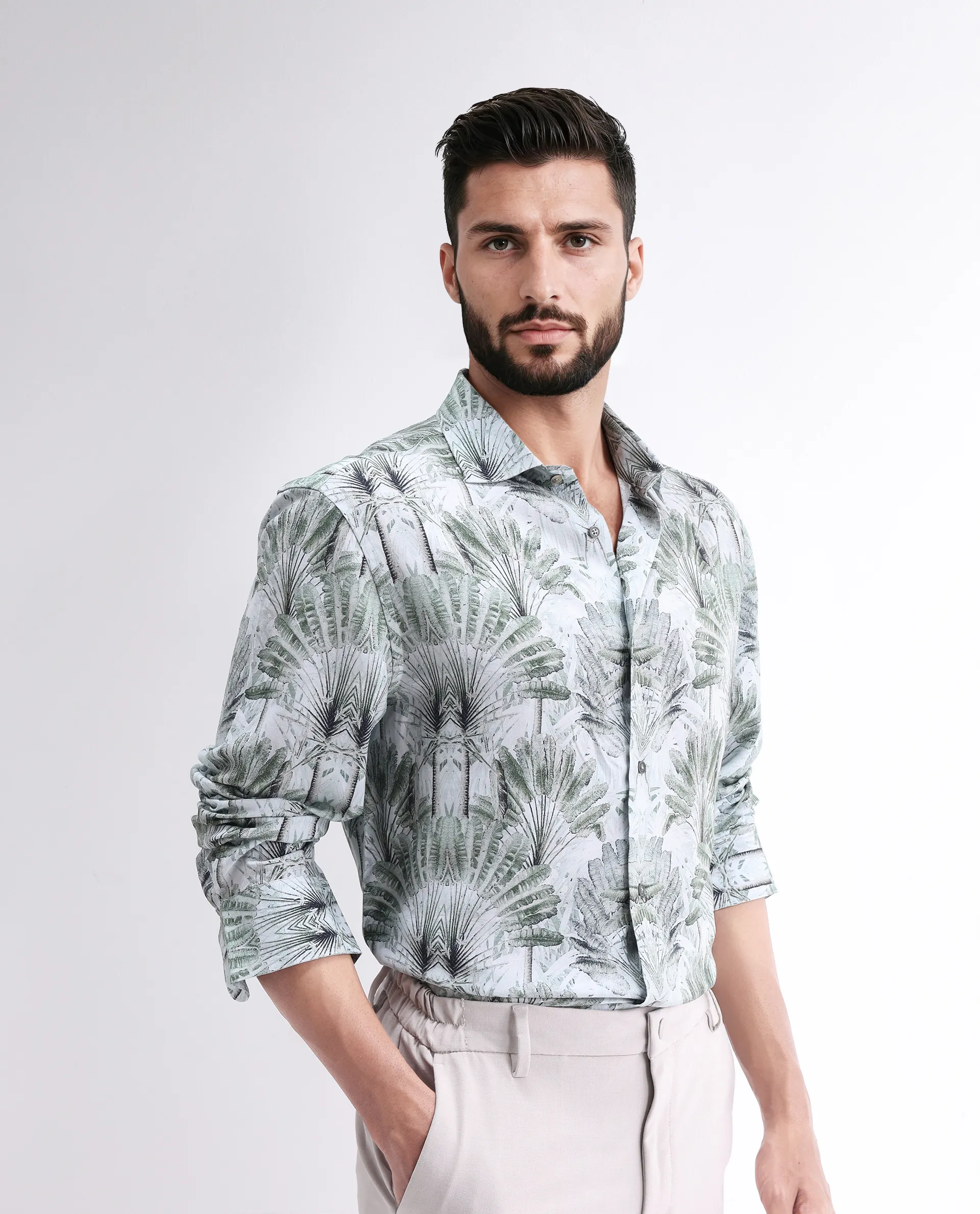 Rare Rabbit Men's Reca Light Green Viscose Abstract Print Regular Fit Full Sleeve Collared Shirt - Image 8