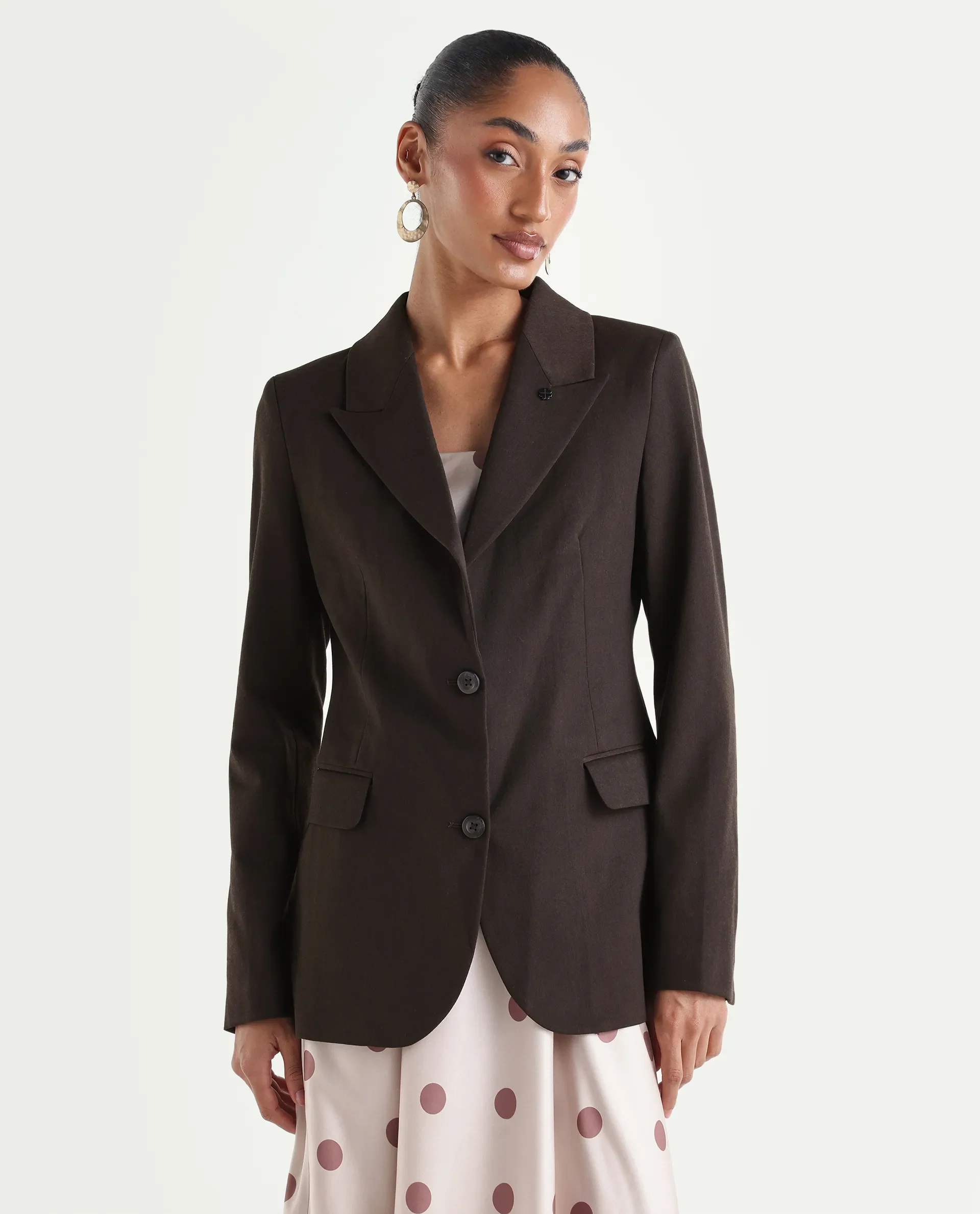 Rareism Women's Reca Dark Brown Polyester Blend Fabric Full Sleeve Lapel Collar Plain Blazer - Image 2