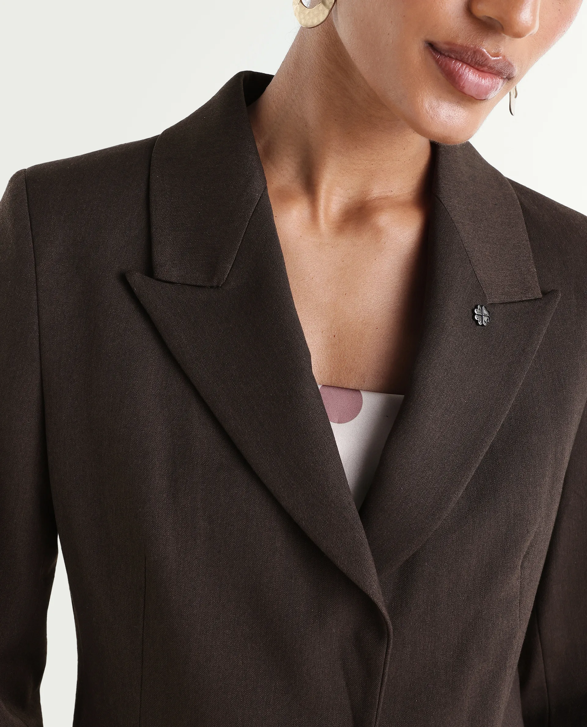 Rareism Women's Reca Dark Brown Polyester Blend Fabric Full Sleeve Lapel Collar Plain Blazer - Image 4