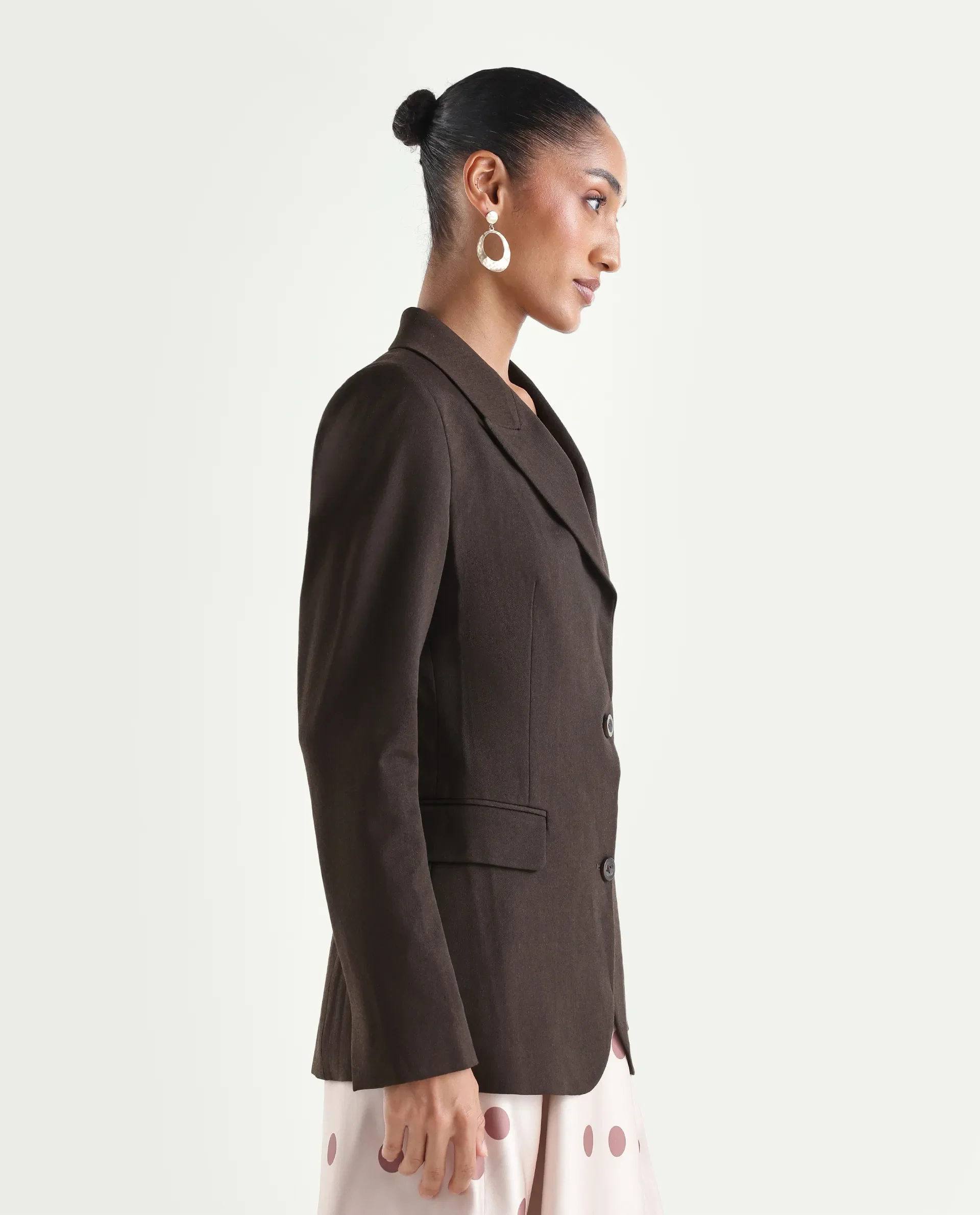 Rareism Women's Reca Dark Brown Polyester Blend Fabric Full Sleeve Lapel Collar Plain Blazer - Image 5
