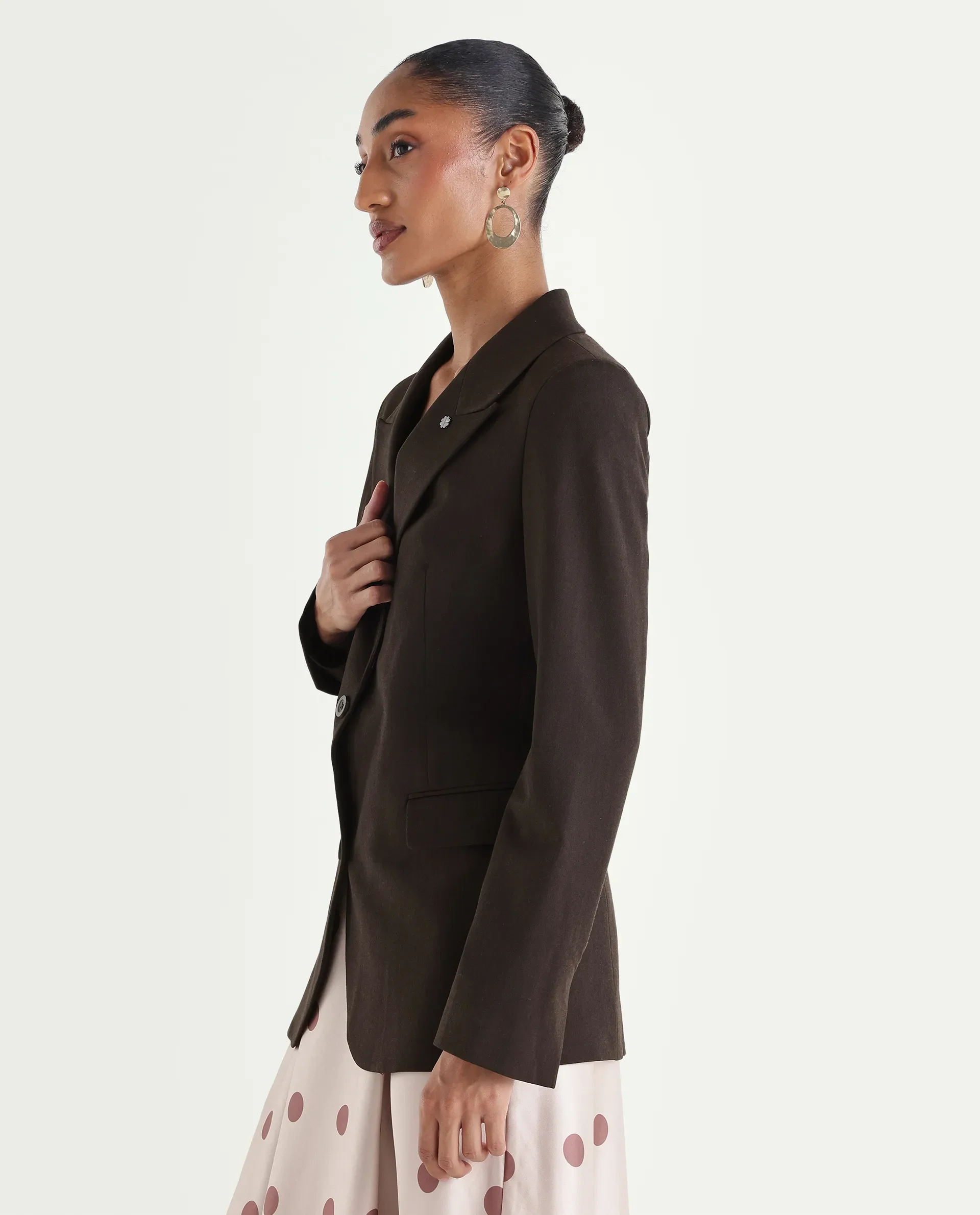 Rareism Women's Reca Dark Brown Polyester Blend Fabric Full Sleeve Lapel Collar Plain Blazer - Image 6