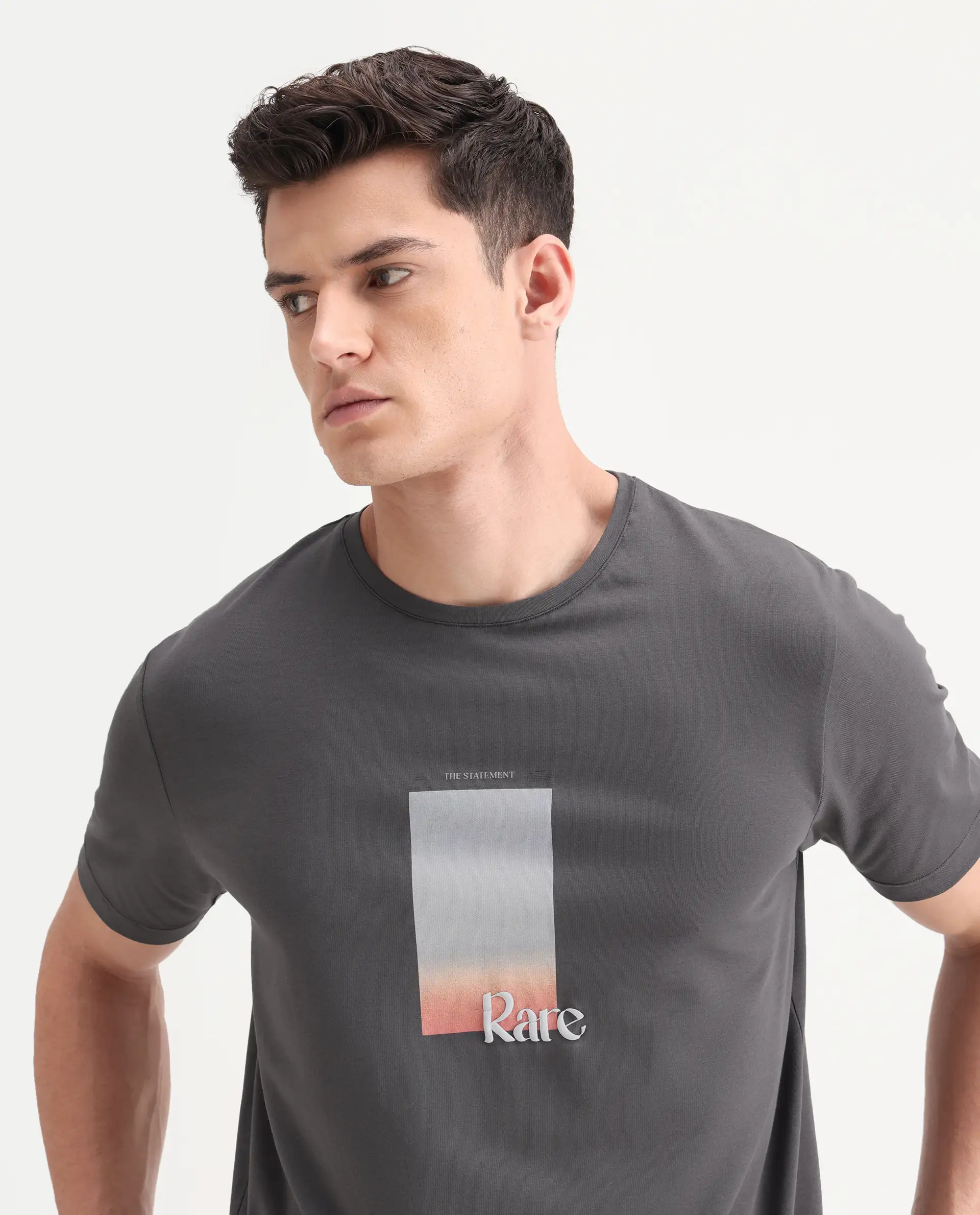 Rare Rabbit Men's Recor Grey Cotton Blend Graphic Print Regular Fit Half Sleeve Crew Neck T-Shirt - Image 3