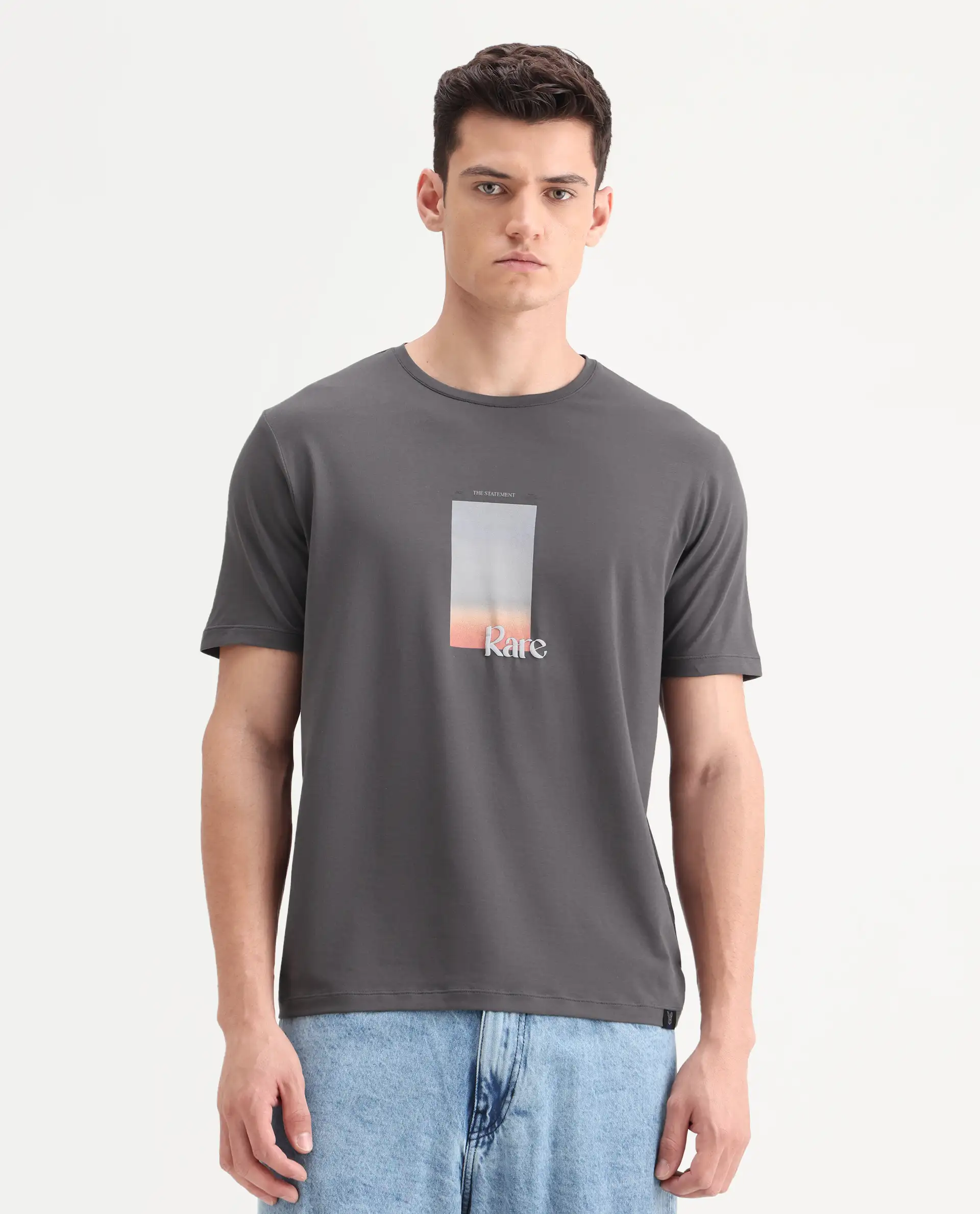 Rare Rabbit Men's Recor Grey Cotton Blend Graphic Print Regular Fit Half Sleeve Crew Neck T-Shirt - Image 4
