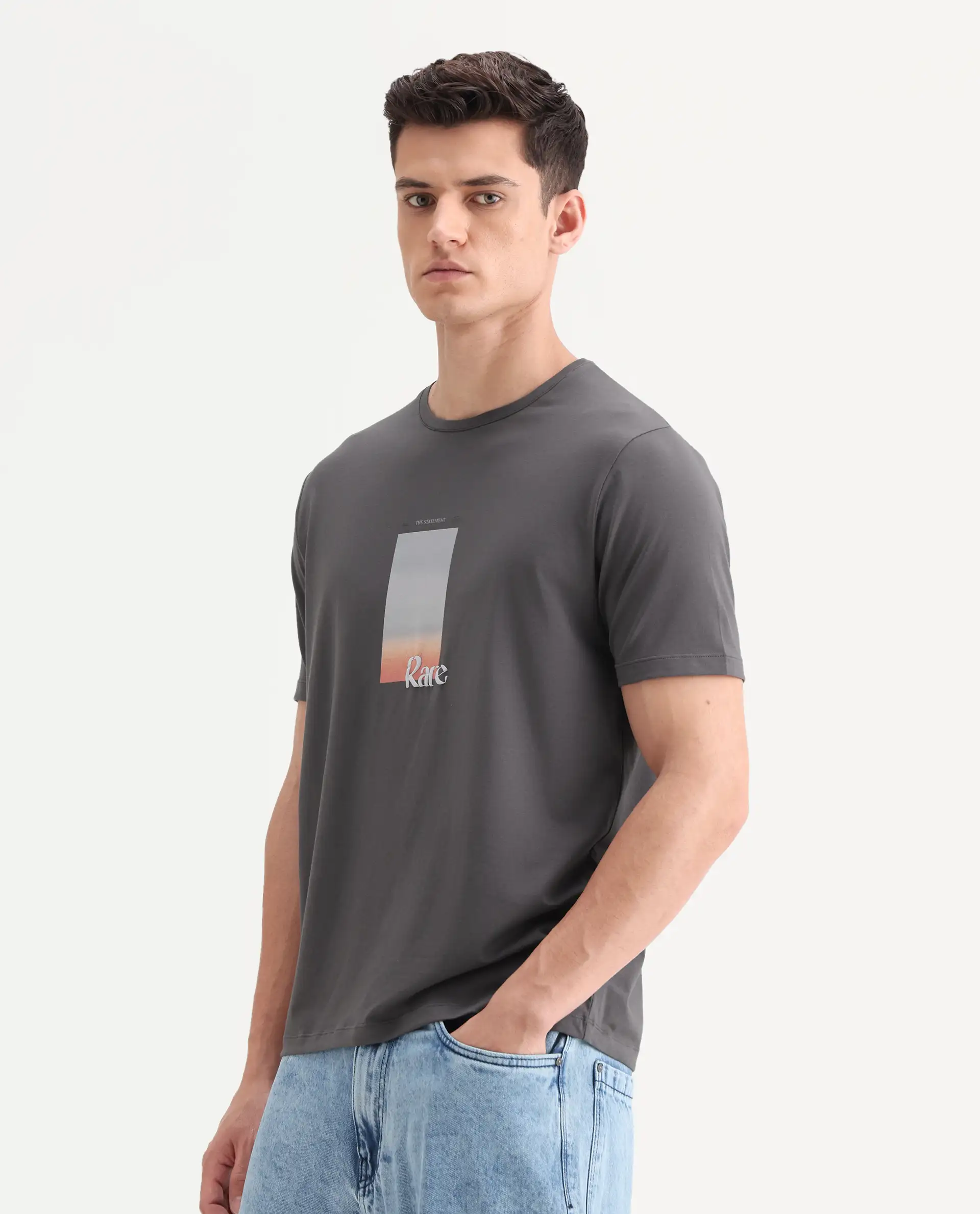 Rare Rabbit Men's Recor Grey Cotton Blend Graphic Print Regular Fit Half Sleeve Crew Neck T-Shirt - Image 5
