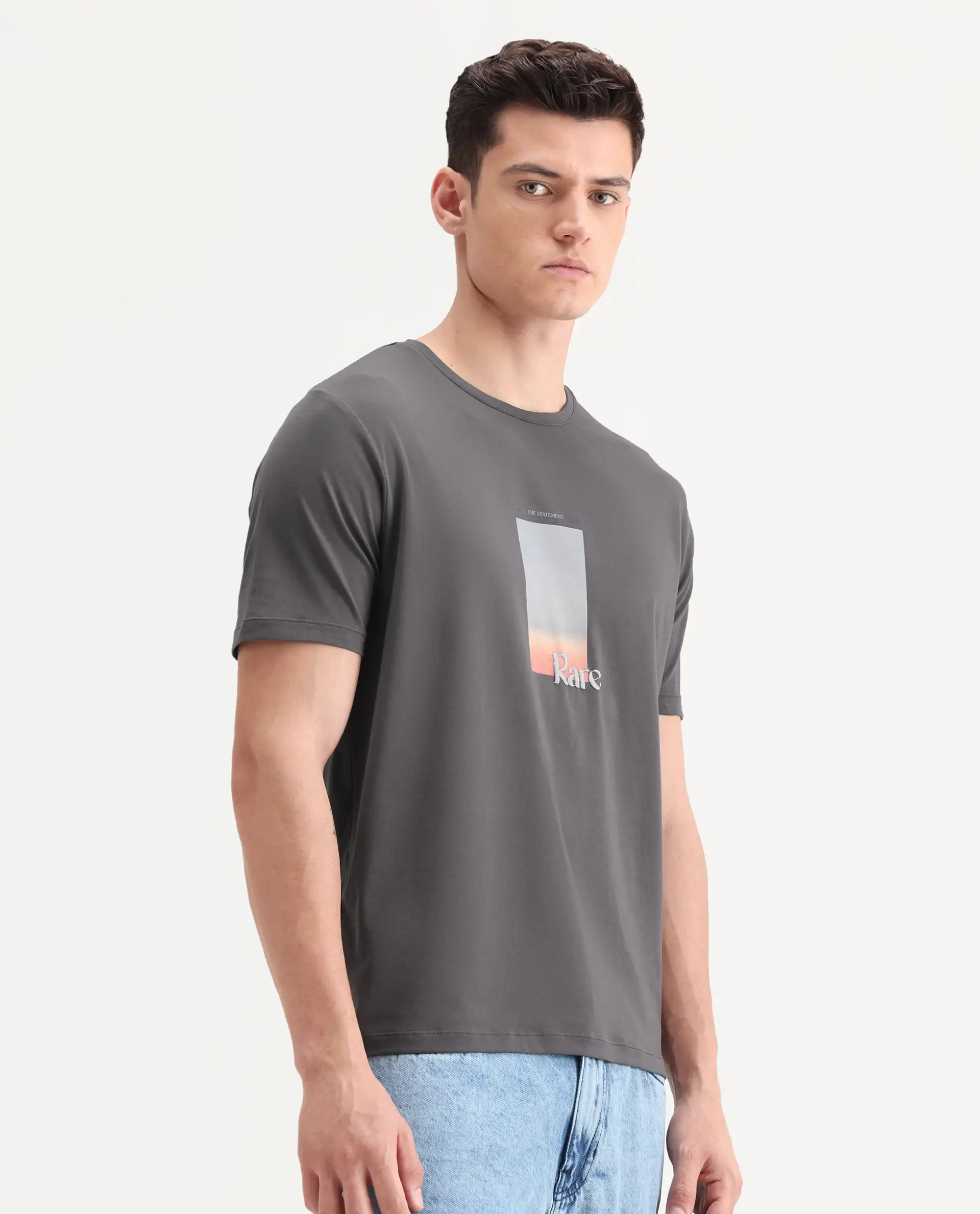 Rare Rabbit Men's Recor Grey Cotton Blend Graphic Print Regular Fit Half Sleeve Crew Neck T-Shirt - Image 6