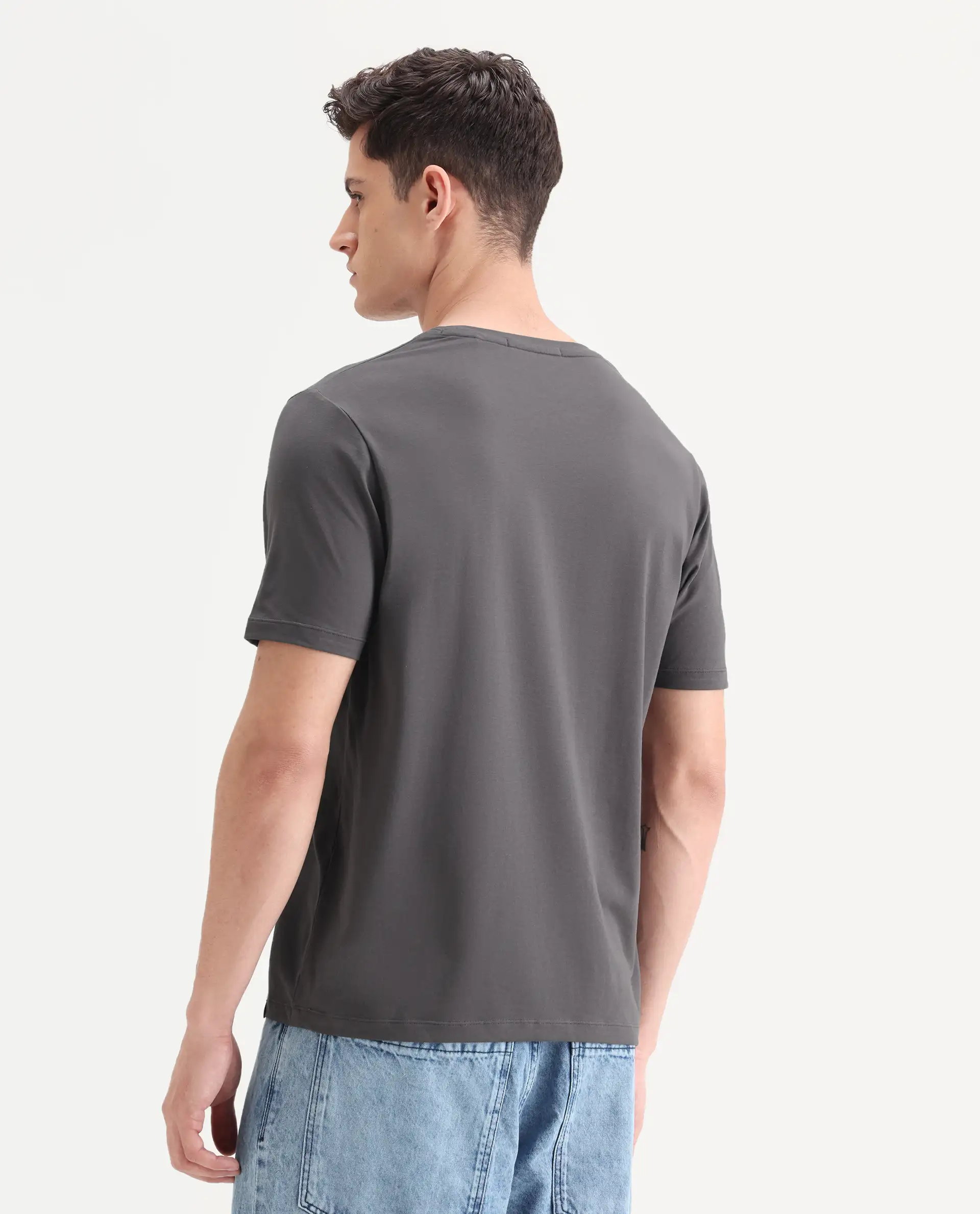 Rare Rabbit Men's Recor Grey Cotton Blend Graphic Print Regular Fit Half Sleeve Crew Neck T-Shirt - Image 7