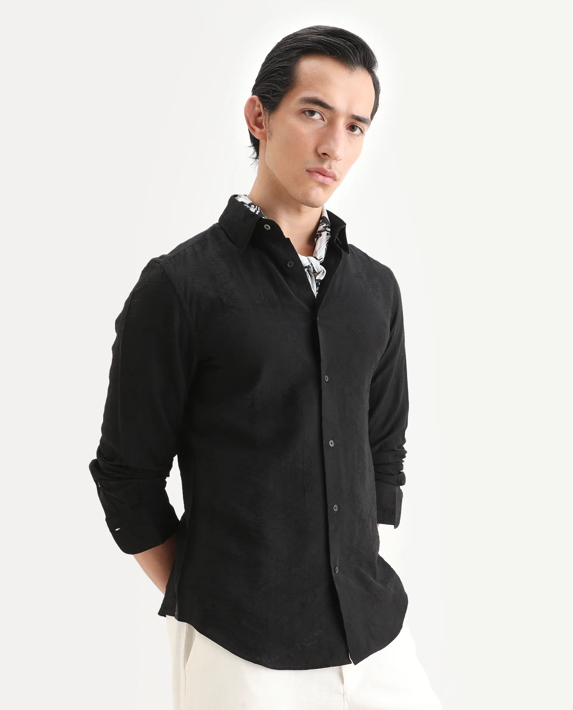Rare Rabbit Men's Redif-26 Black Viscose Blend Fabric Full Sleeve Spread Collar Regular Fit Jacquard Shirt